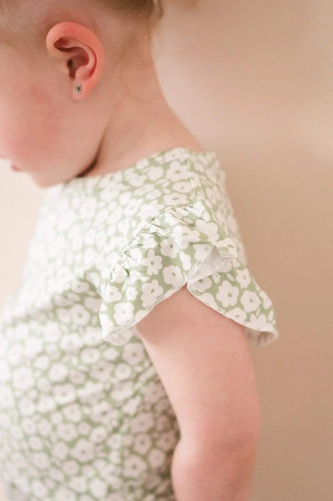 Two Piece Short Set Sage Ditsy Floral Print Ruffle Details Harp Angel Boutique