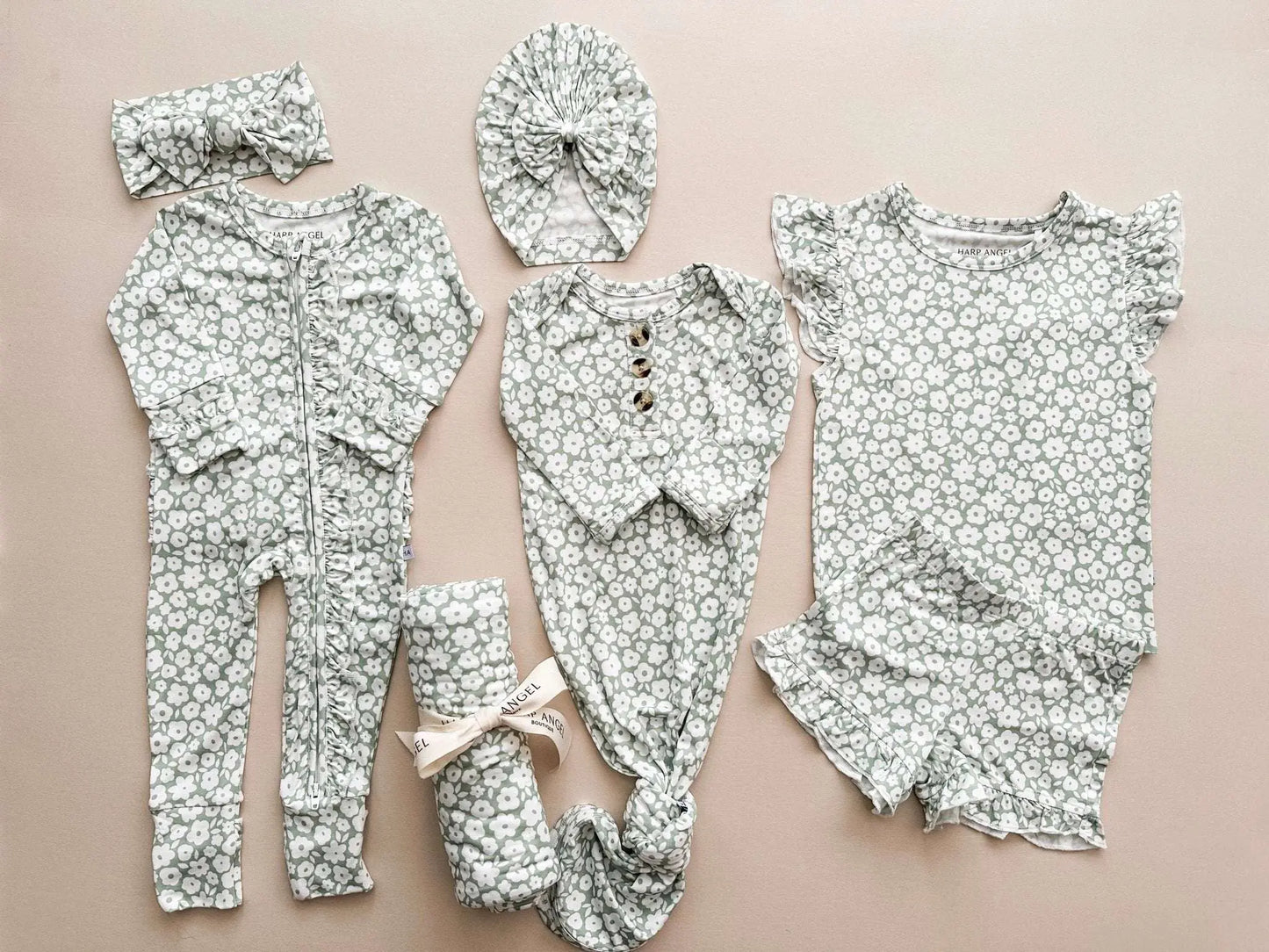 Two Piece Short Set Sage Ditsy Floral Print Ruffle Details Harp Angel Boutique