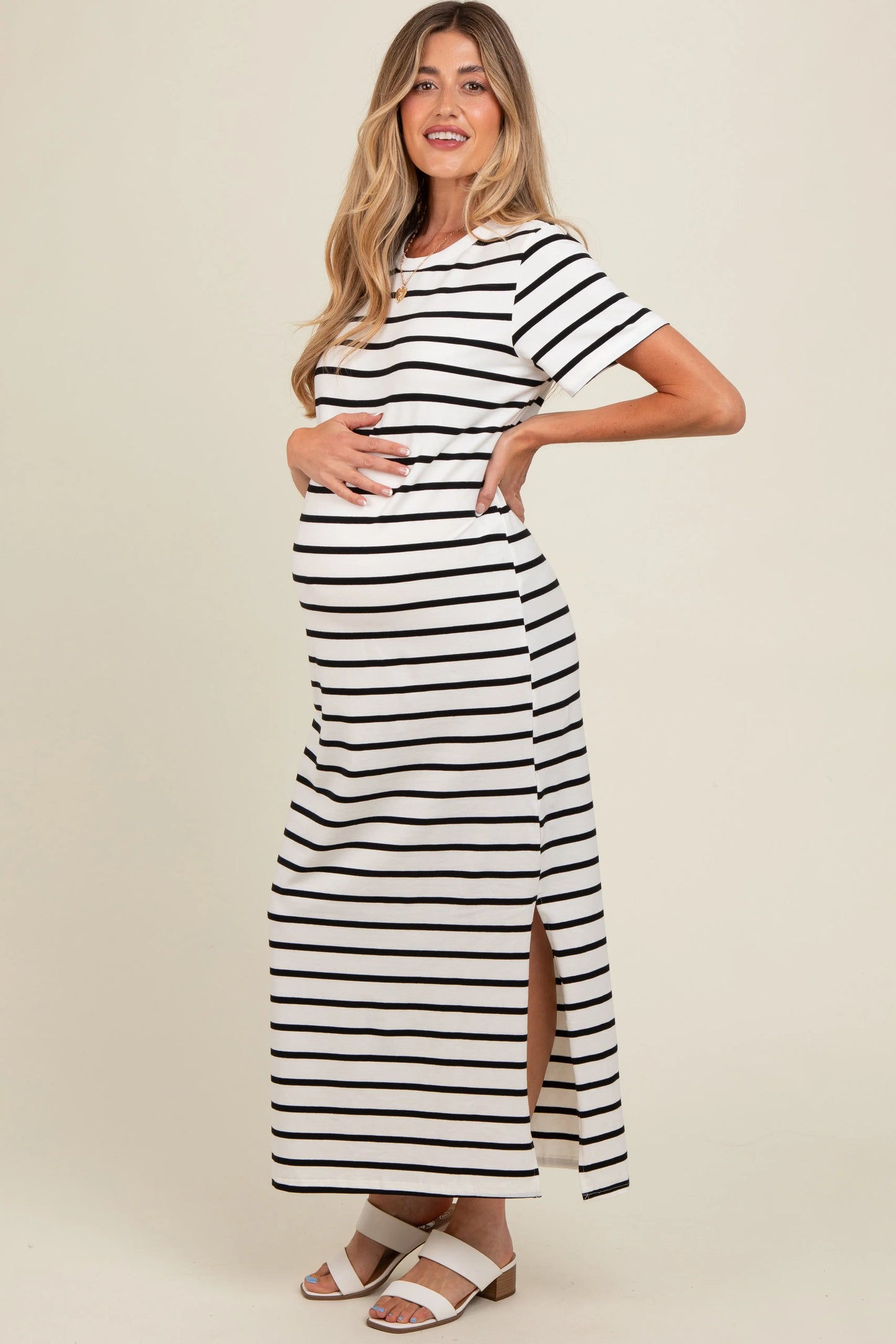 White Striped Side Slit Maternity Maxi Dress by PinkBlush PinkBlush