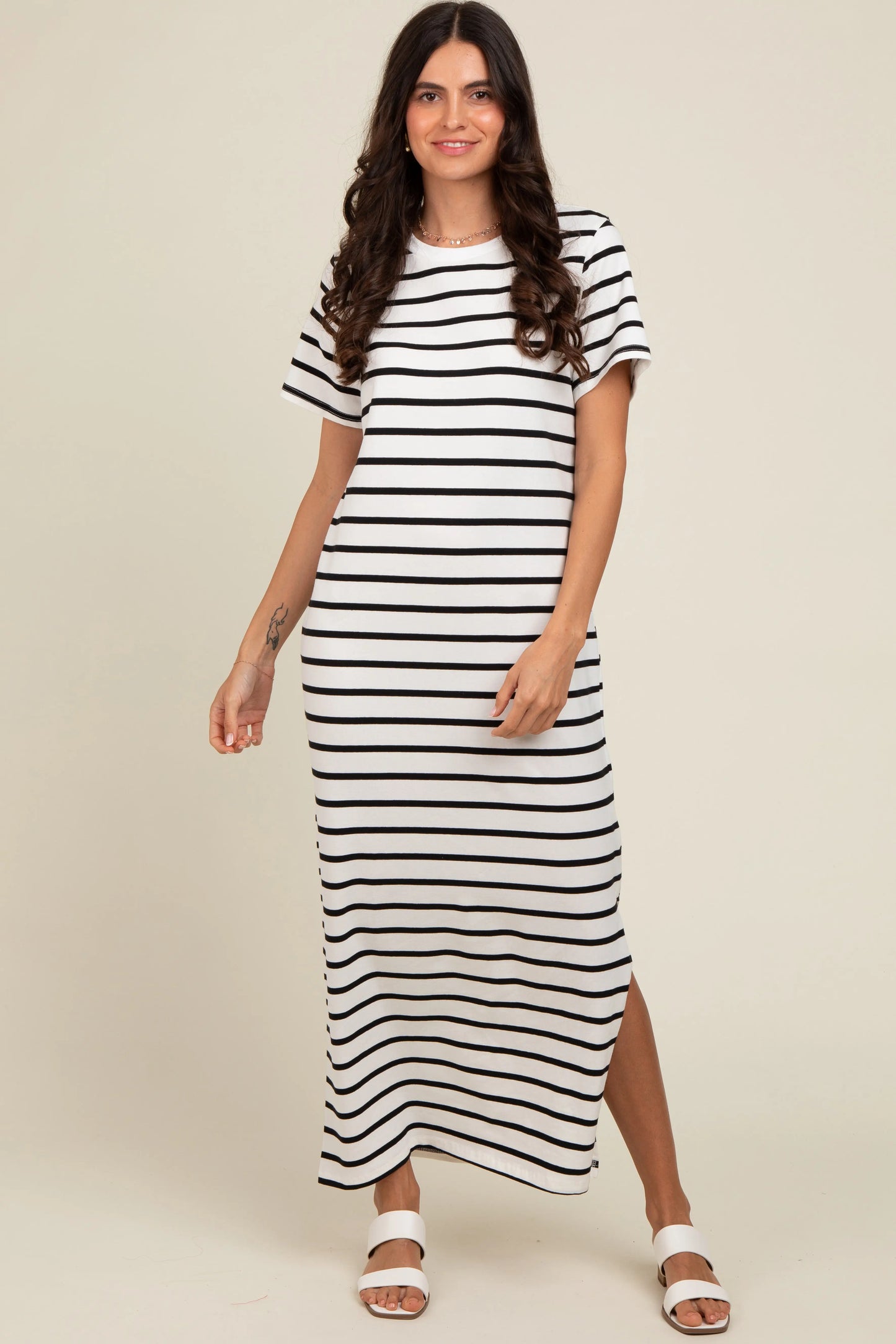 White Striped Side Slit Maternity Maxi Dress by PinkBlush PinkBlush
