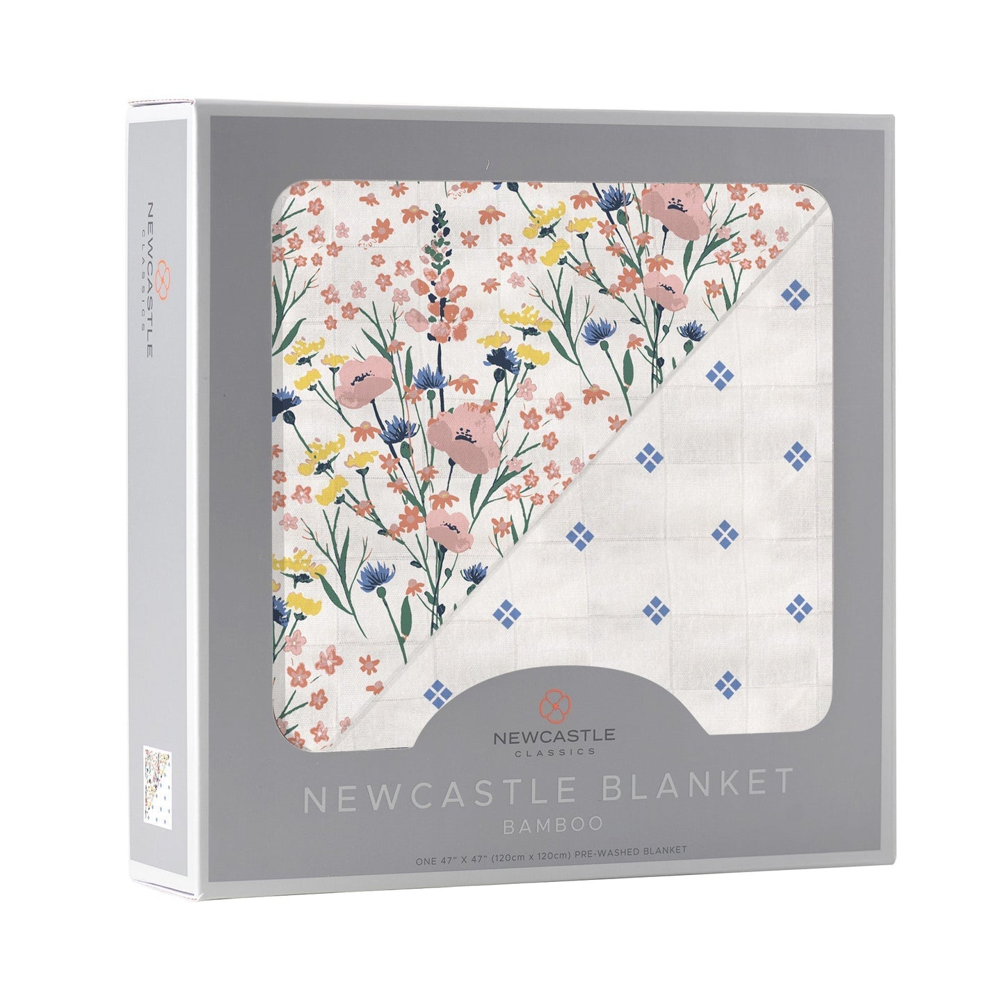 Wildflowers and Periwinkle Diamond Polka Dot Bamboo Newcastle Blanket 100 Percent Natural Muslin 47 Inch x 47 Inch Newcastle Classics