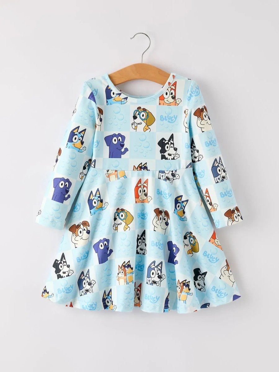 Rylee Faith Designs Winter Christmas Character Print Blue Girls Dress - Everetts Place Boutique -