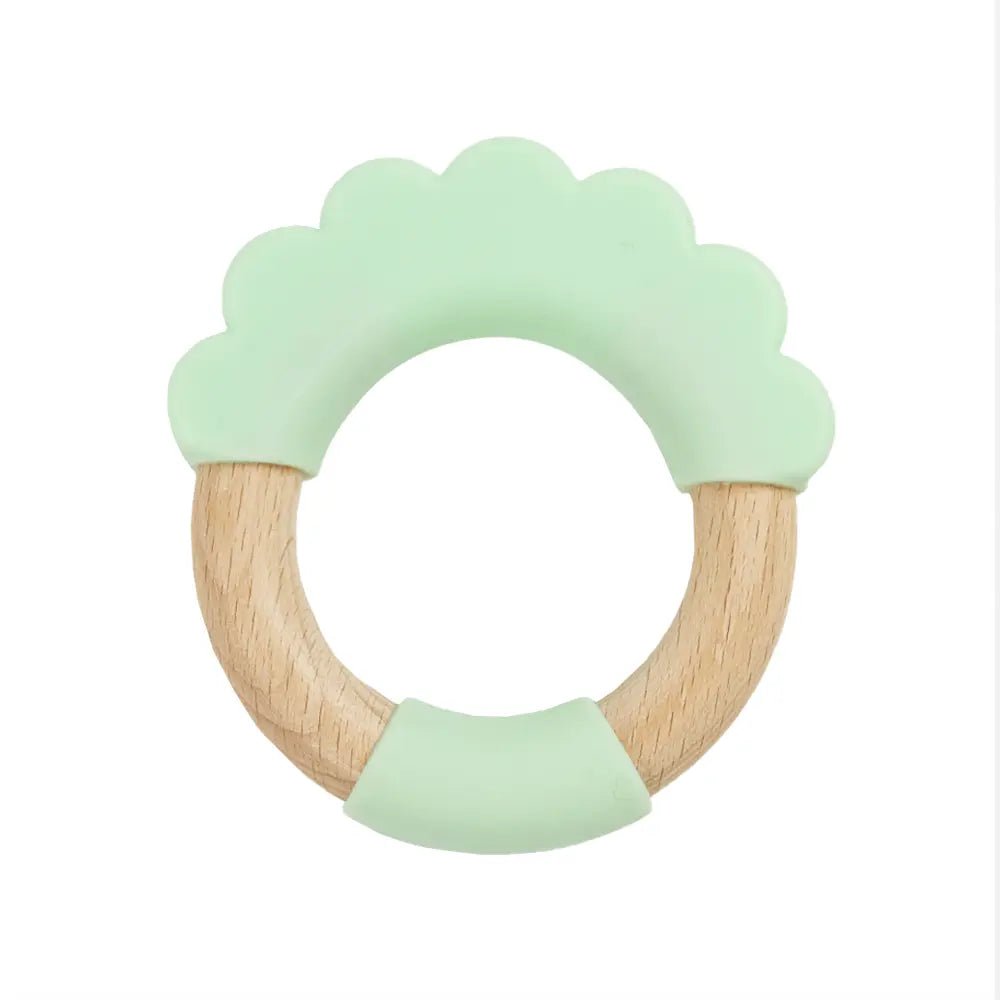Mint Lion Circle Silicone Teether with Natural Birch Wood for Sore Gums.