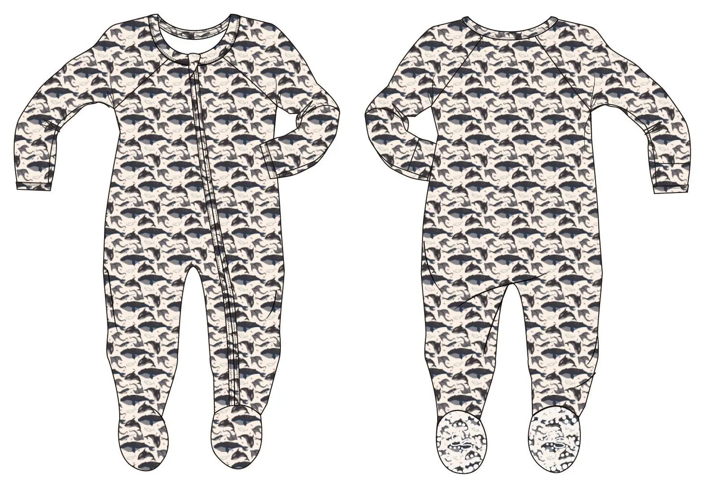 Deep Sea Creatures Whale Zipper Footie for Babies with Two Way Zip and Fold Over Cuffs Sweet Bamboo