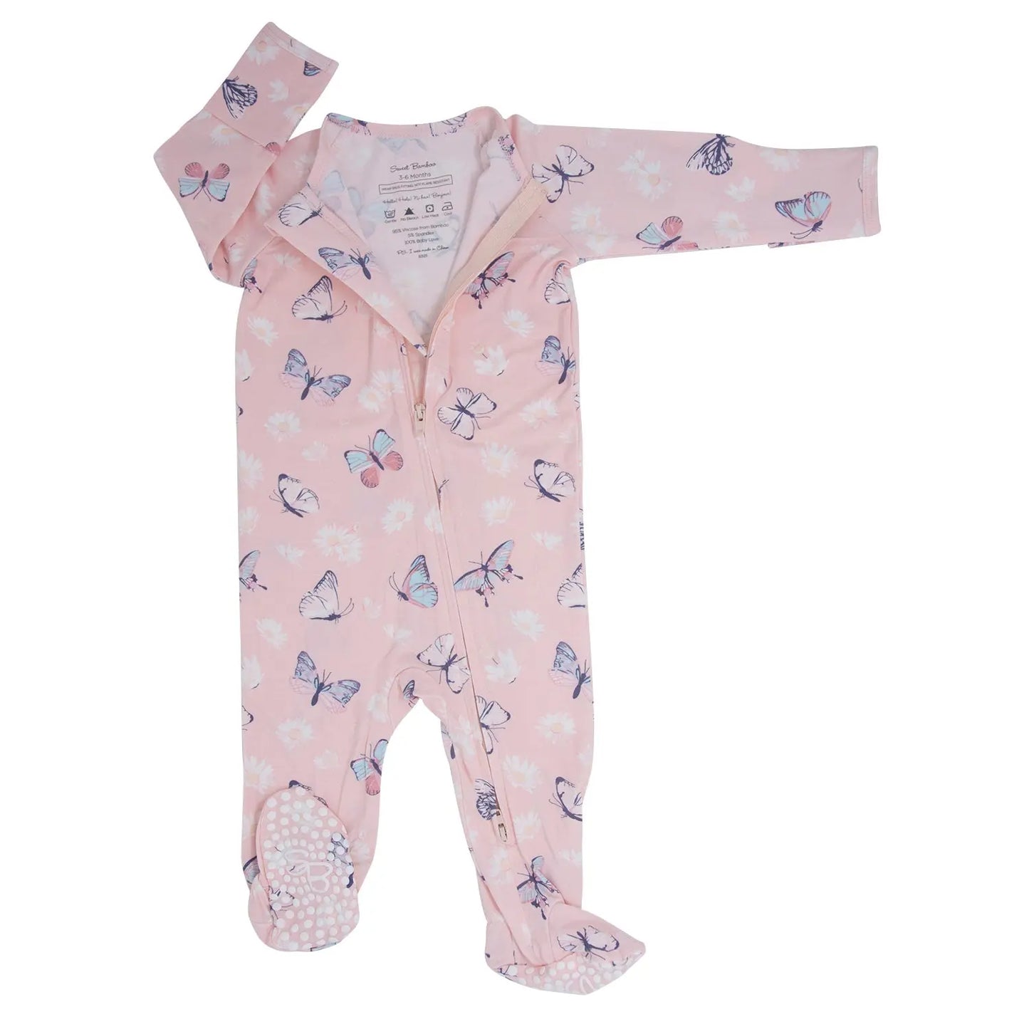 Pink Butterfly Daisy Bamboo Zipper Footie for Babies with Two Way Zip and Fold Over Cuffs Sweet Bamboo