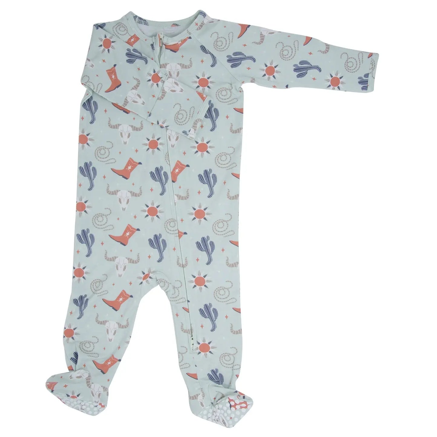 Bulls Boots Lasso Western Zipper Footie for Babies with Silicone Grips and Fold-Over Handcuffs Sweet Bamboo