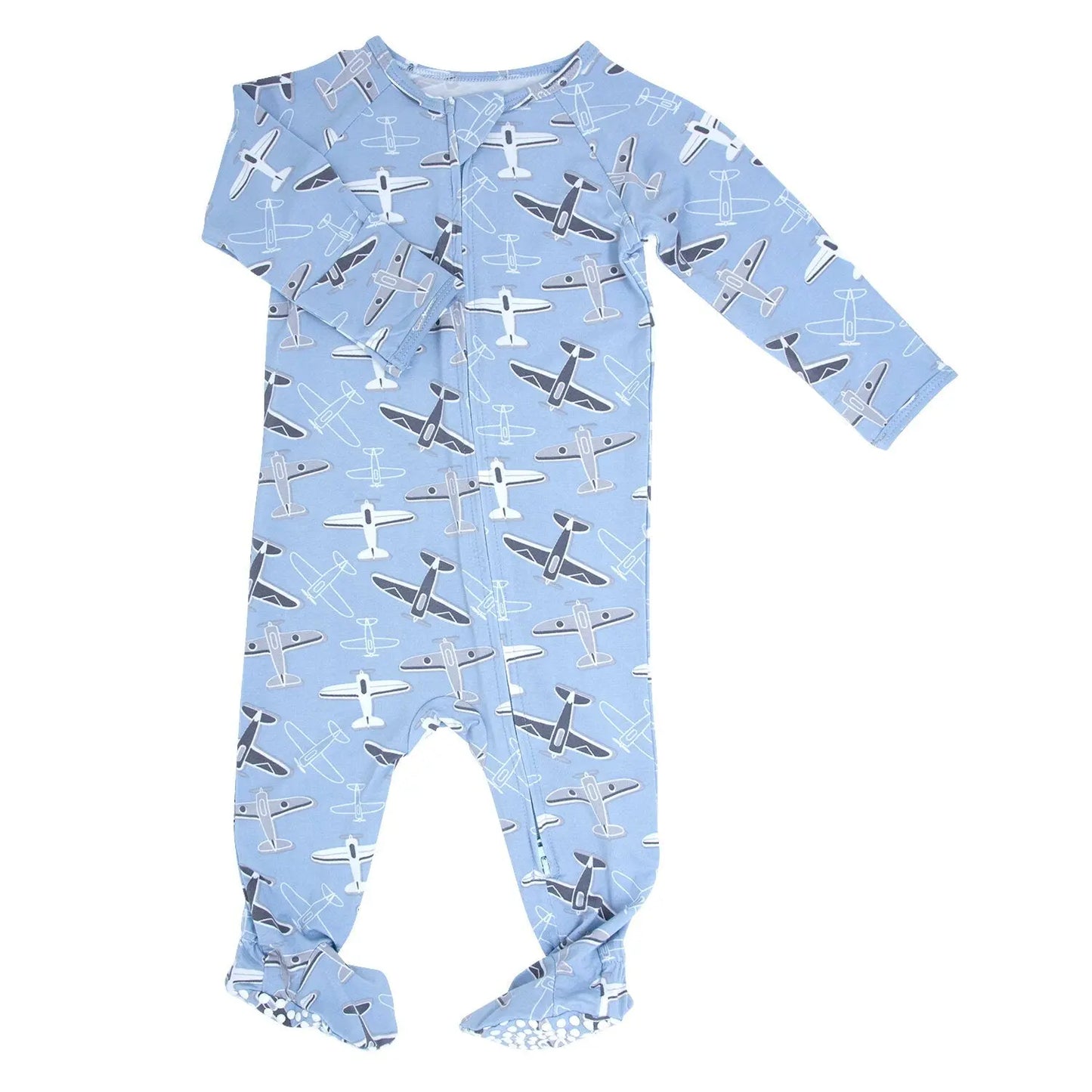 Vintage Airplanes Zipper Footie for Baby with Silicone Grips and Fold-Over Cuffs Sweet Bamboo