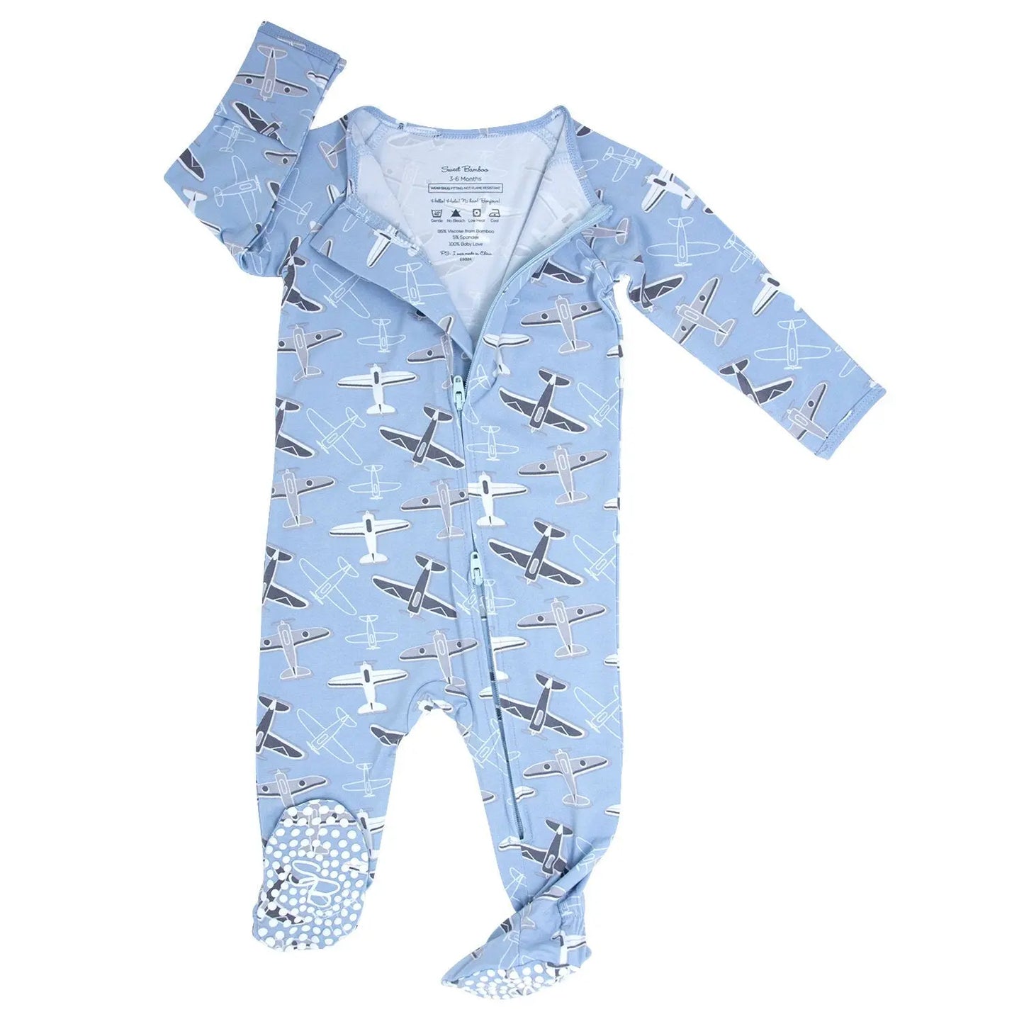 Vintage Airplanes Zipper Footie for Baby with Silicone Grips and Fold-Over Cuffs Sweet Bamboo