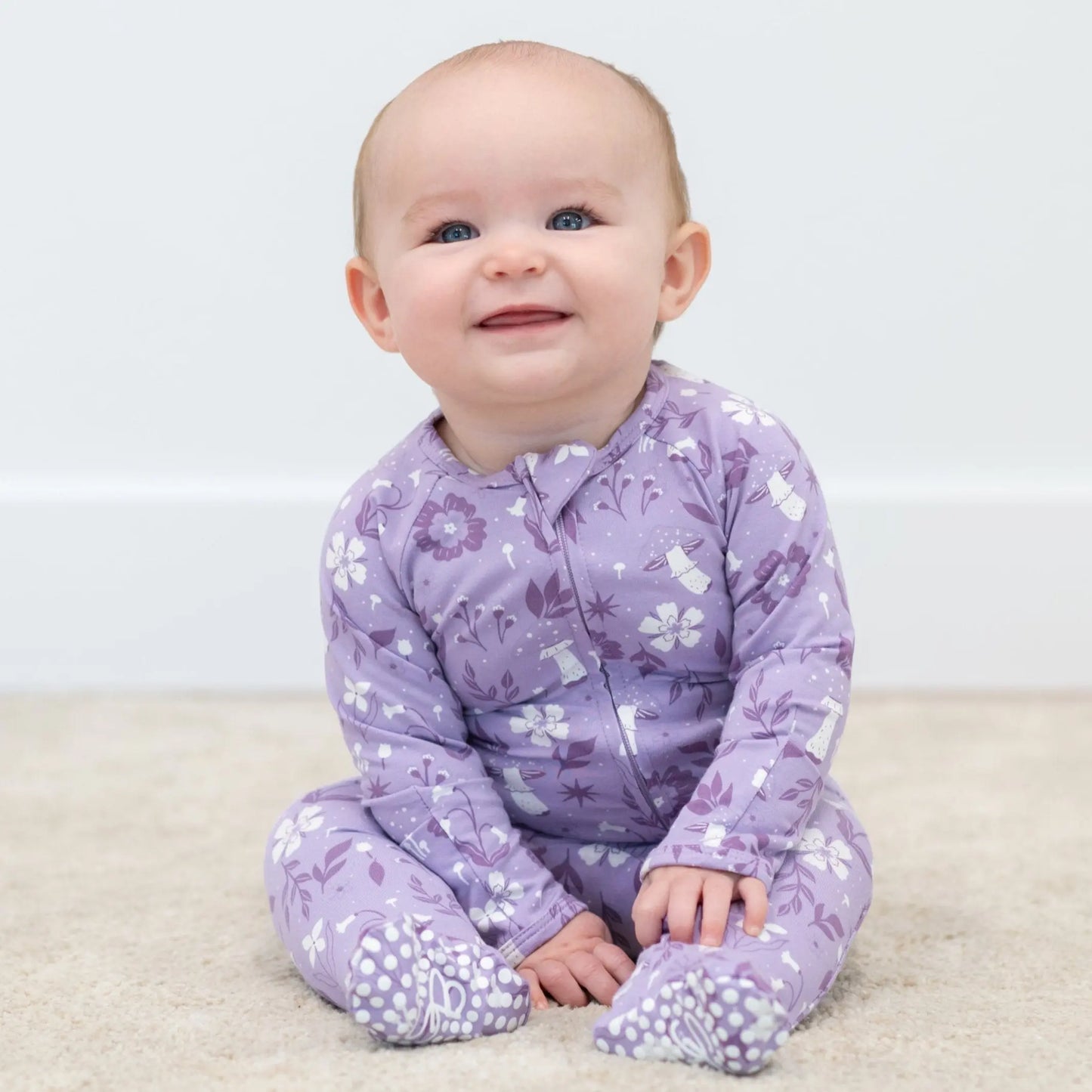 Mushroom Floral Zipper Footie for Babies with Two Way Zip and Fold Over Cuffs Sweet Bamboo