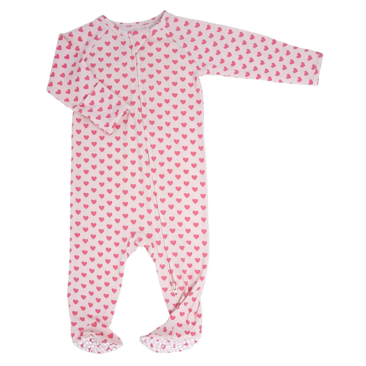 Pink Hearts Zipper Footie for Babies with Two Way Zipper and Foldover Cuffs Sweet Bamboo