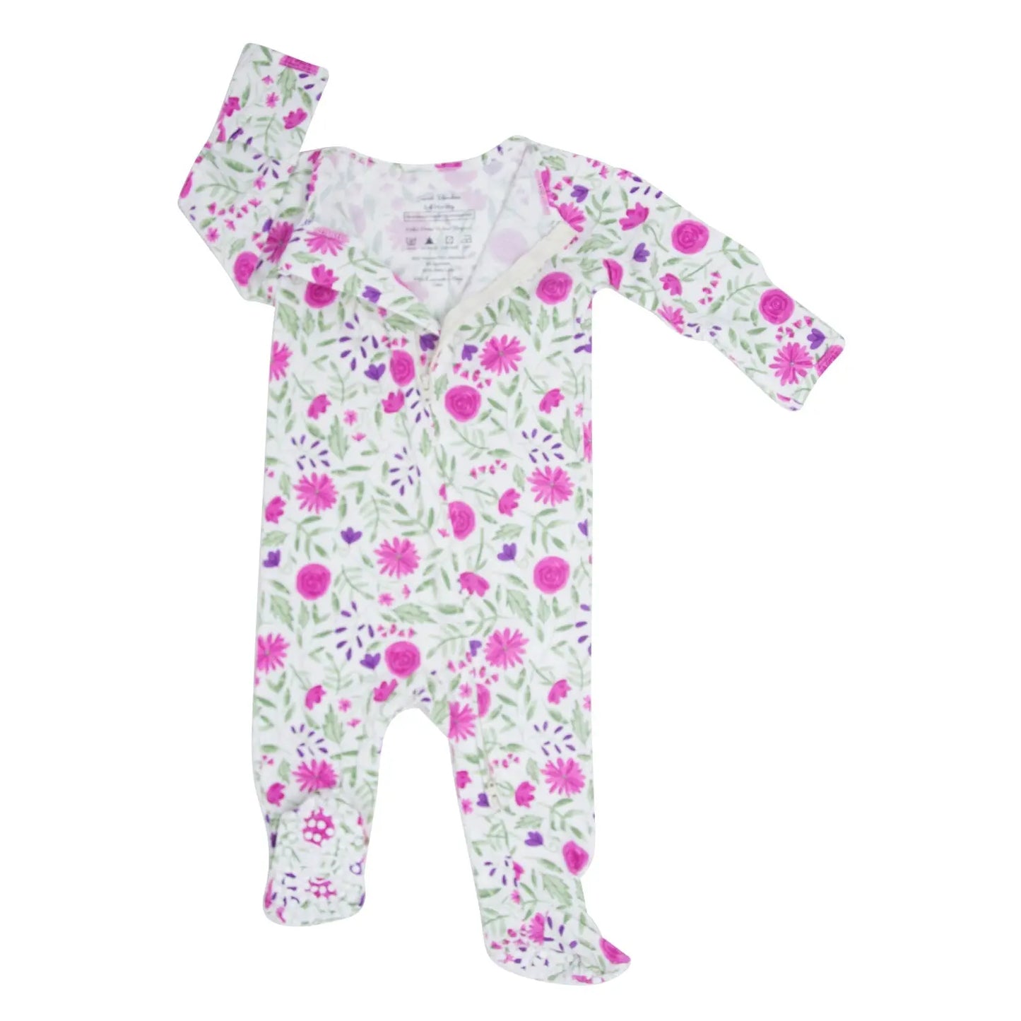 Sweet Purple Flowers Zipper Footie for Baby with Two Way Zip and Fold Over Cuffs Sweet Bamboo