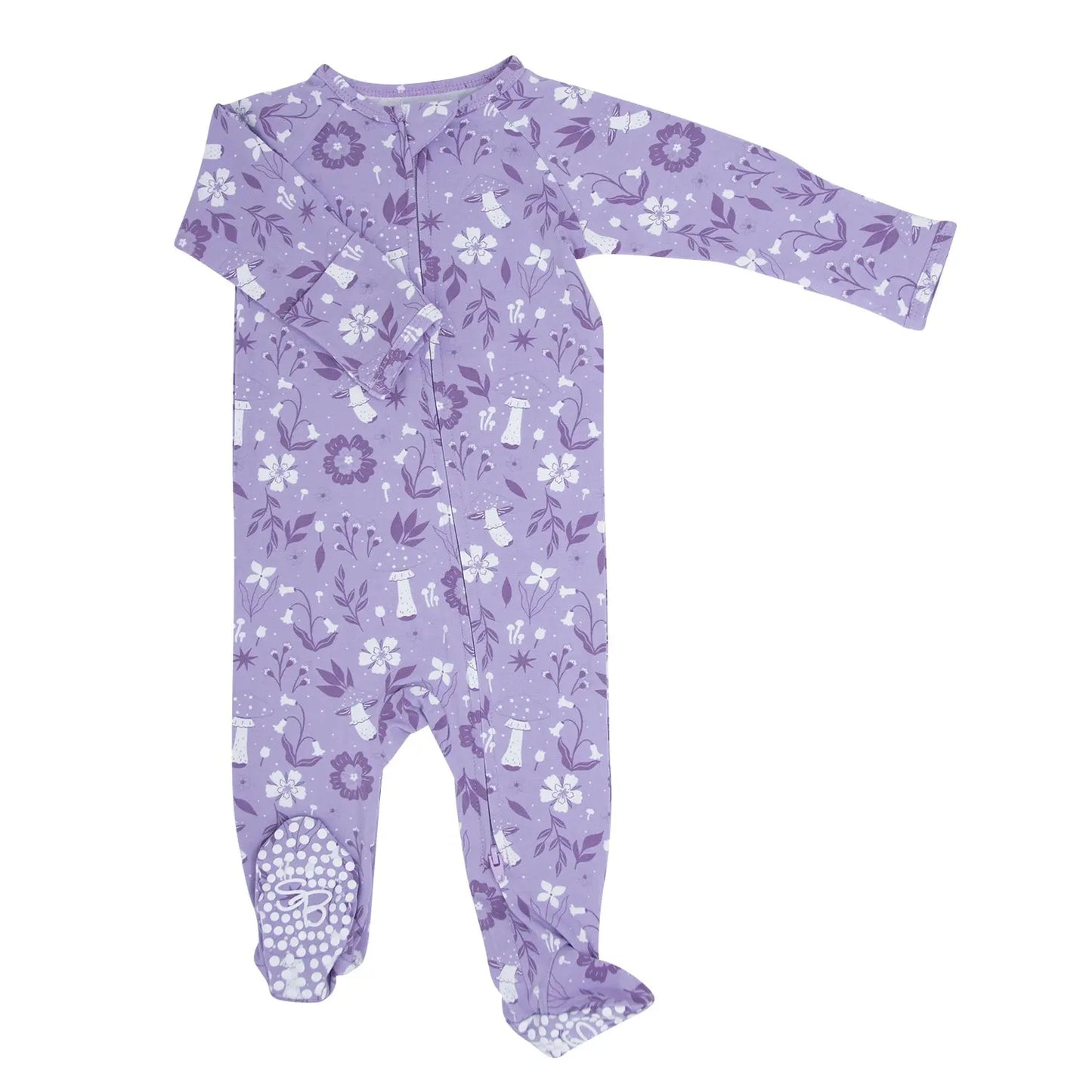 Mushroom Floral Zipper Footie for Babies with Two Way Zip and Fold Over Cuffs Sweet Bamboo