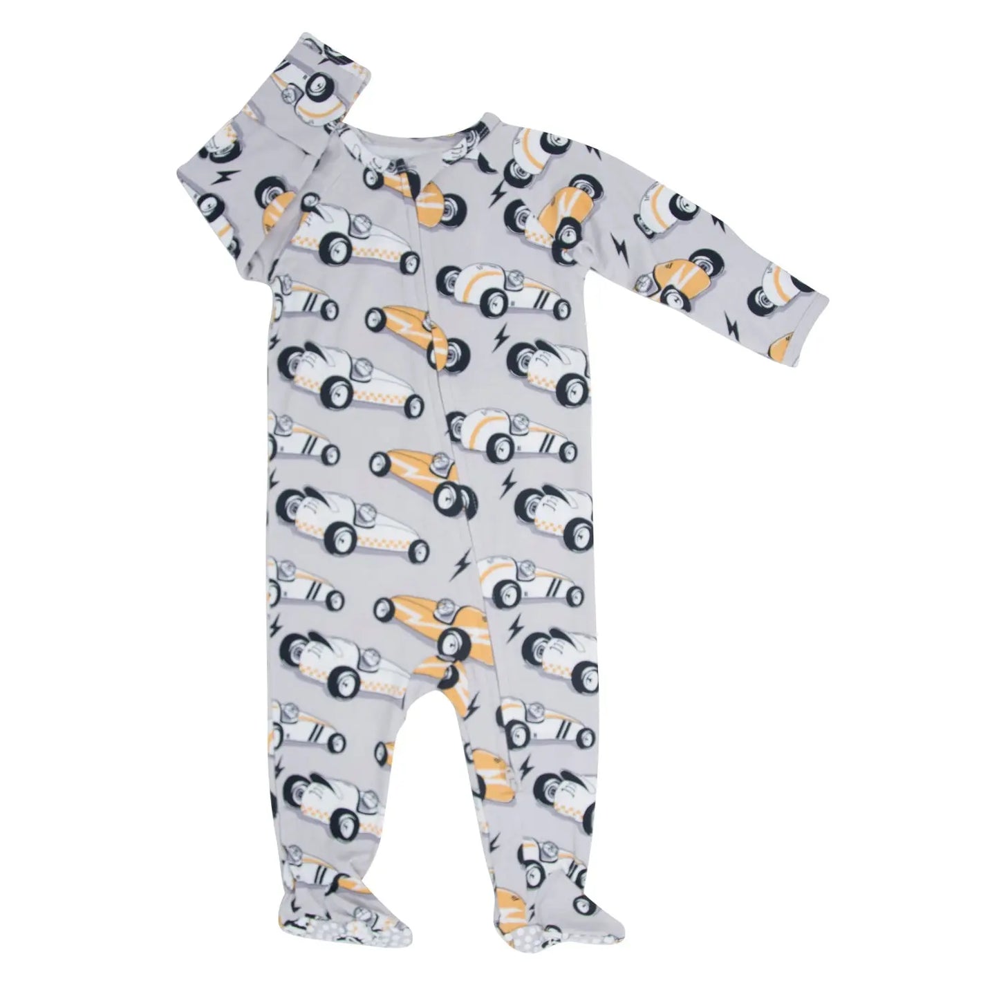 Vintage Racecars Baby Zipper Footie with Silicone Grips and Fold-Over Cuffs Sweet Bamboo