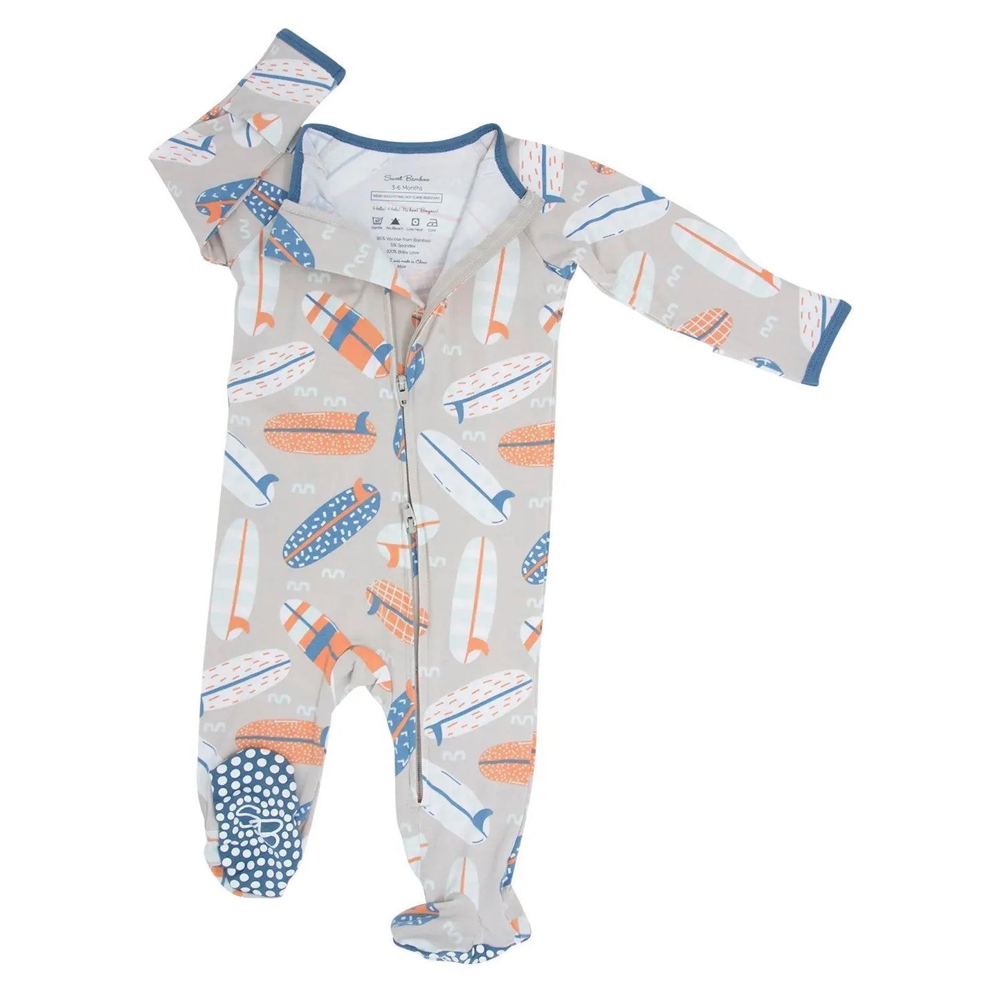 Zipper Footie with Two Way Zipper Silicone Grips and Fold Over Cuffs for Easy Changing Sweet Bamboo