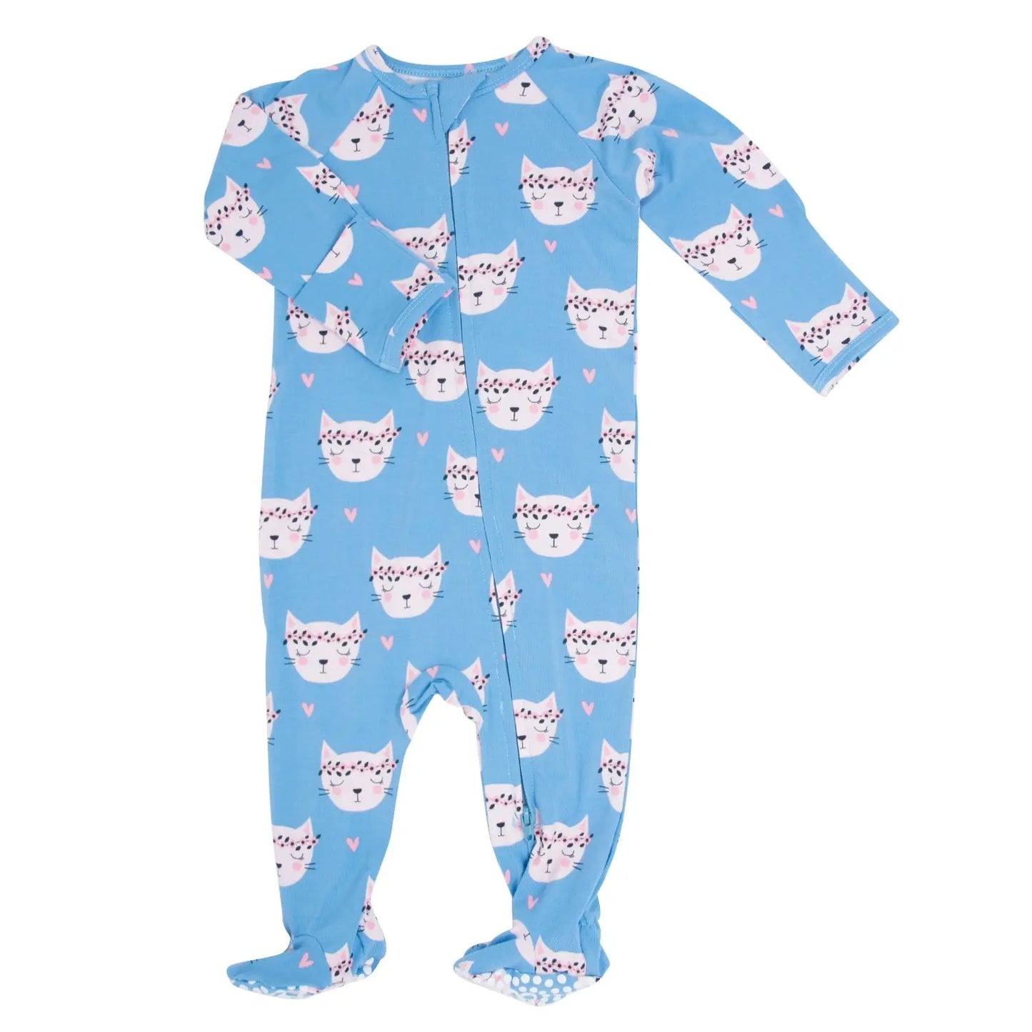 Pretty Pink Cat Zipper Footie for Babies with Two Way Zip and Fold Over Cuffs Sweet Bamboo
