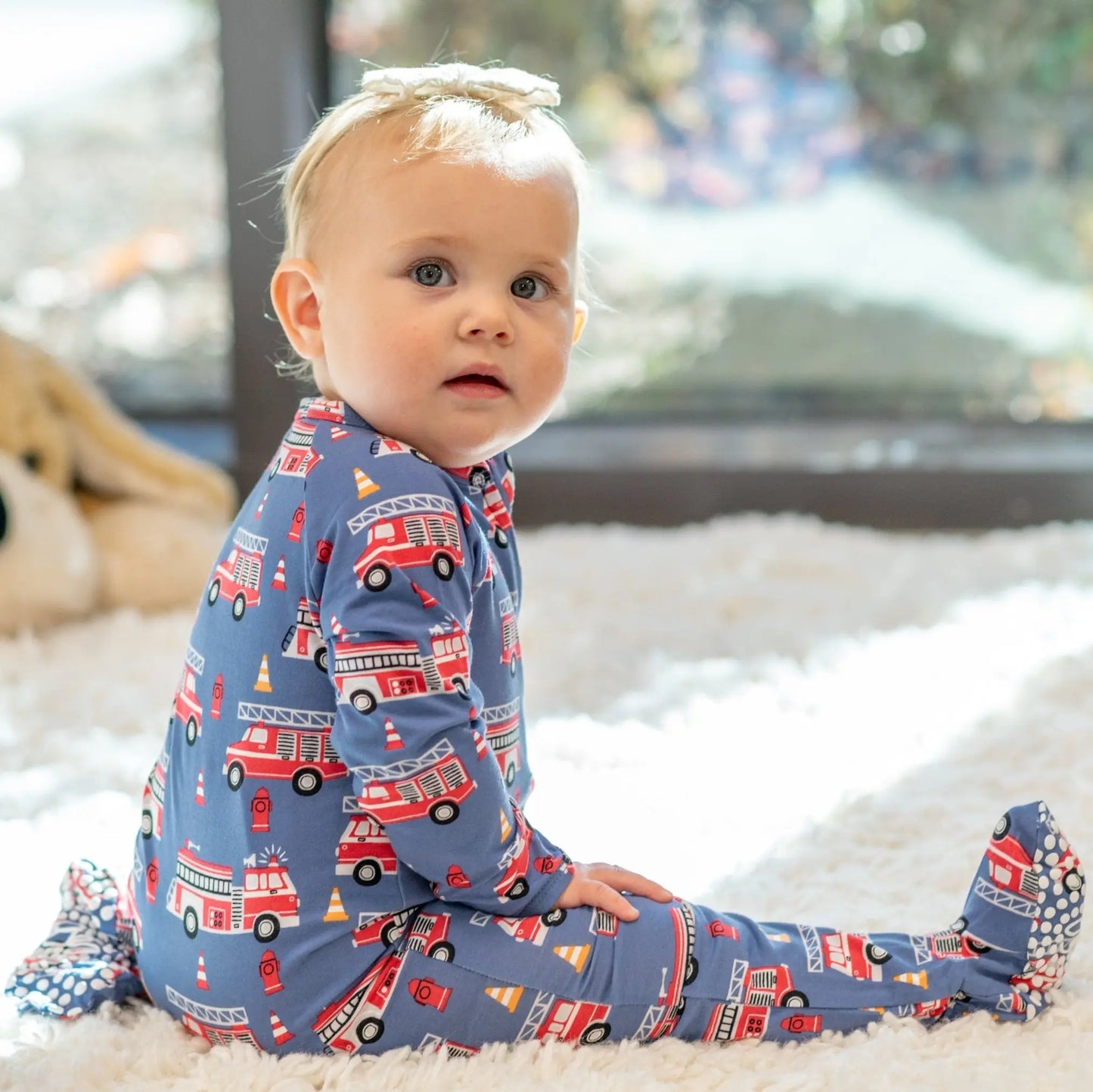 Blue Fire Truck Zipper Footie for Babies with Two Way Zip and Fold Over Cuffs Sweet Bamboo