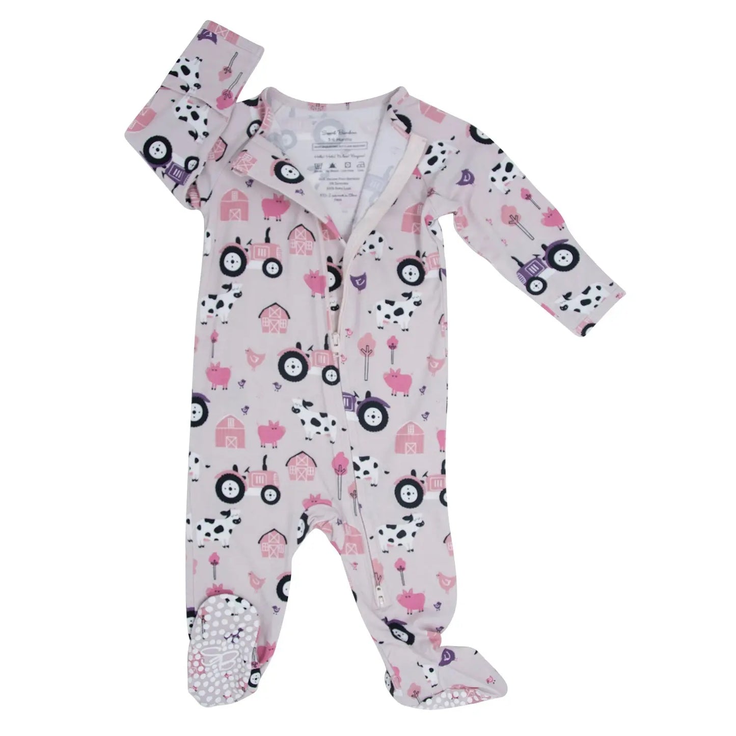 Tractors And Cows Zipper Footie With 2 Way Zip And Fold Over Cuffs Sweet Bamboo