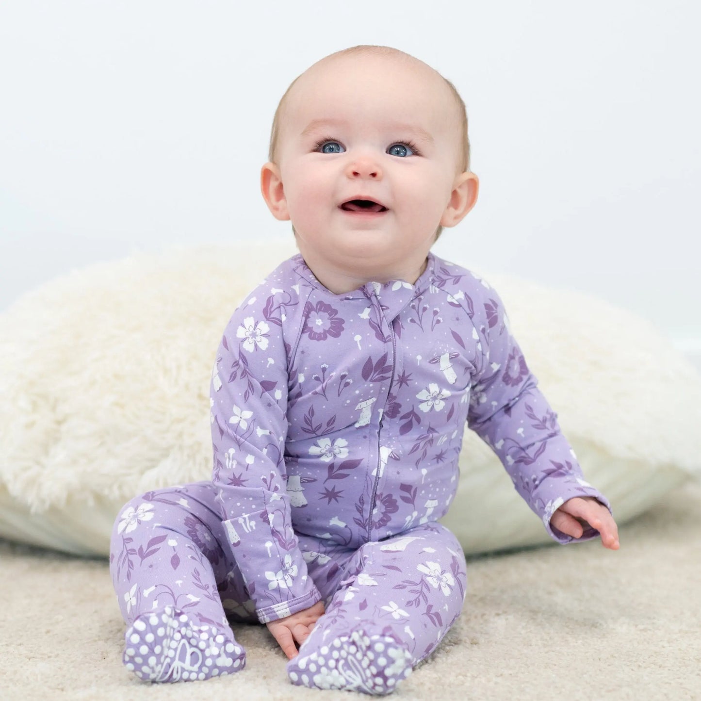 Mushroom Floral Zipper Footie for Babies with Two Way Zip and Fold Over Cuffs Sweet Bamboo