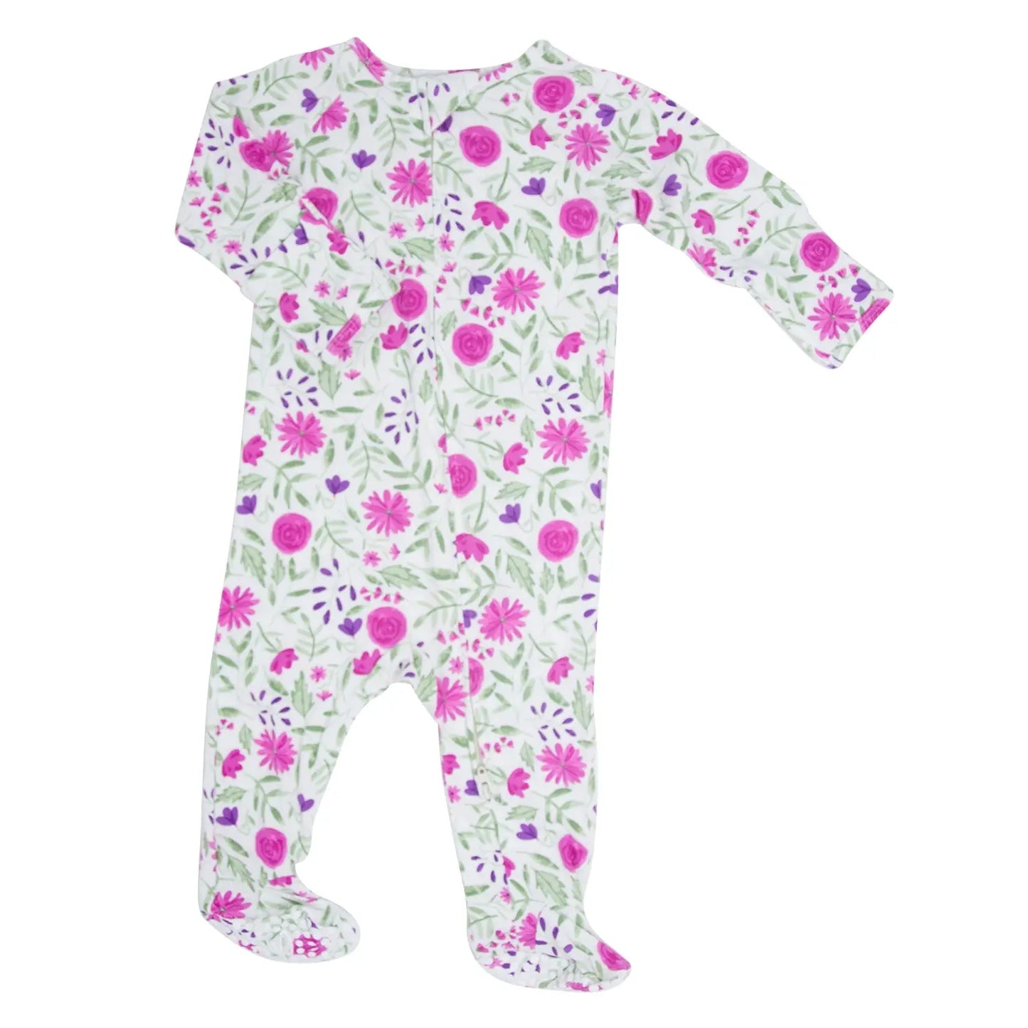 Sweet Purple Flowers Zipper Footie for Baby with Two Way Zip and Fold Over Cuffs Sweet Bamboo