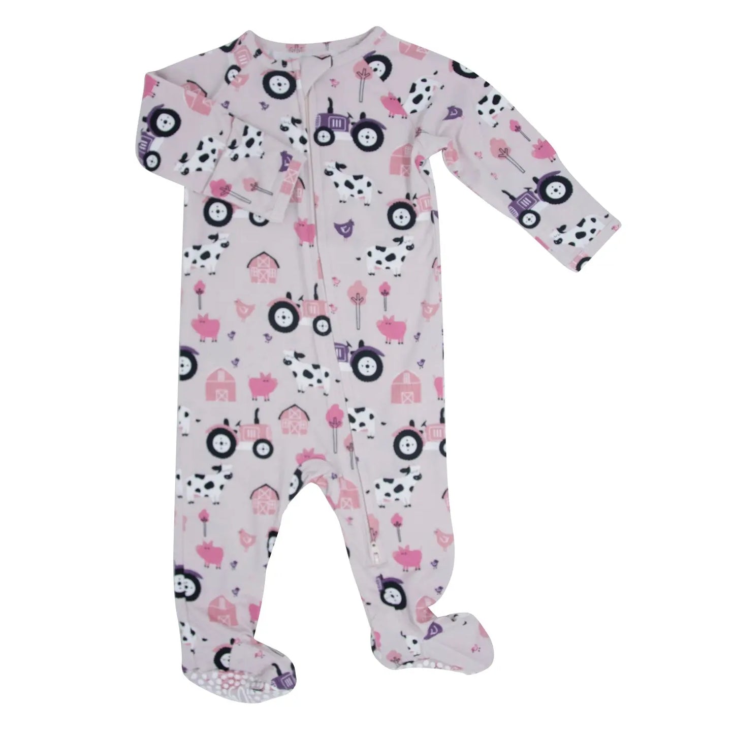 Tractors And Cows Zipper Footie With 2 Way Zip And Fold Over Cuffs Sweet Bamboo