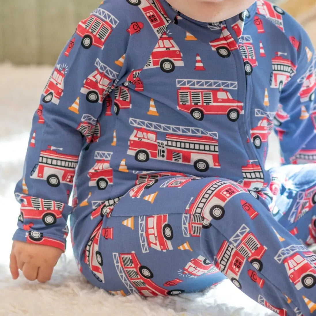 Blue Fire Truck Zipper Footie for Babies with Two Way Zip and Fold Over Cuffs Sweet Bamboo
