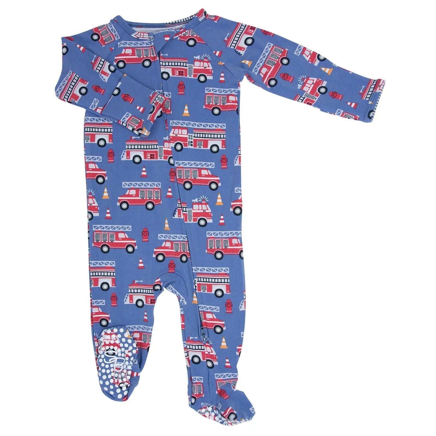 Blue Fire Truck Zipper Footie for Babies with Two Way Zip and Fold Over Cuffs Sweet Bamboo