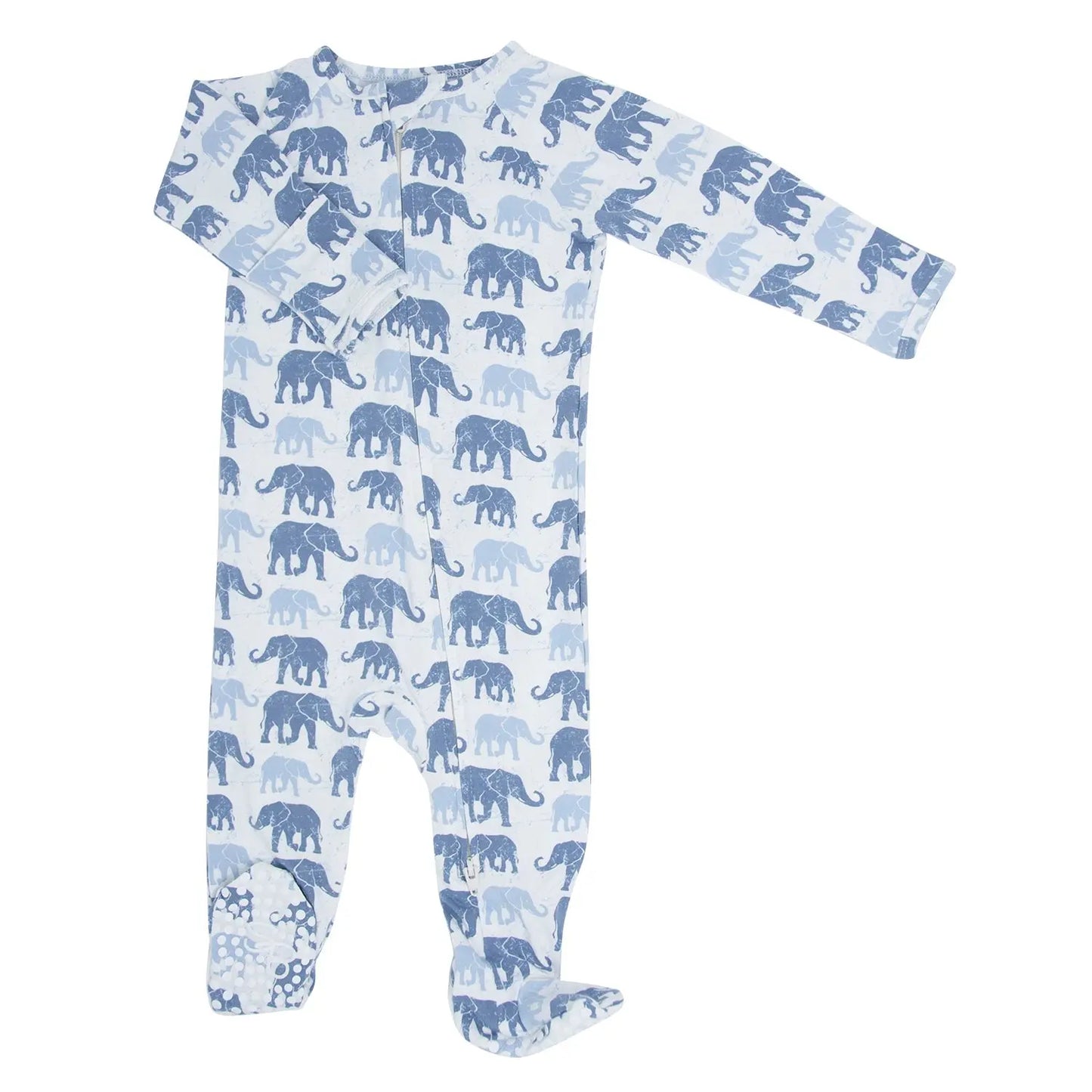 Blue Elephant Zipper Footie With Two Way Zip And Silicone Grips Sweet Bamboo