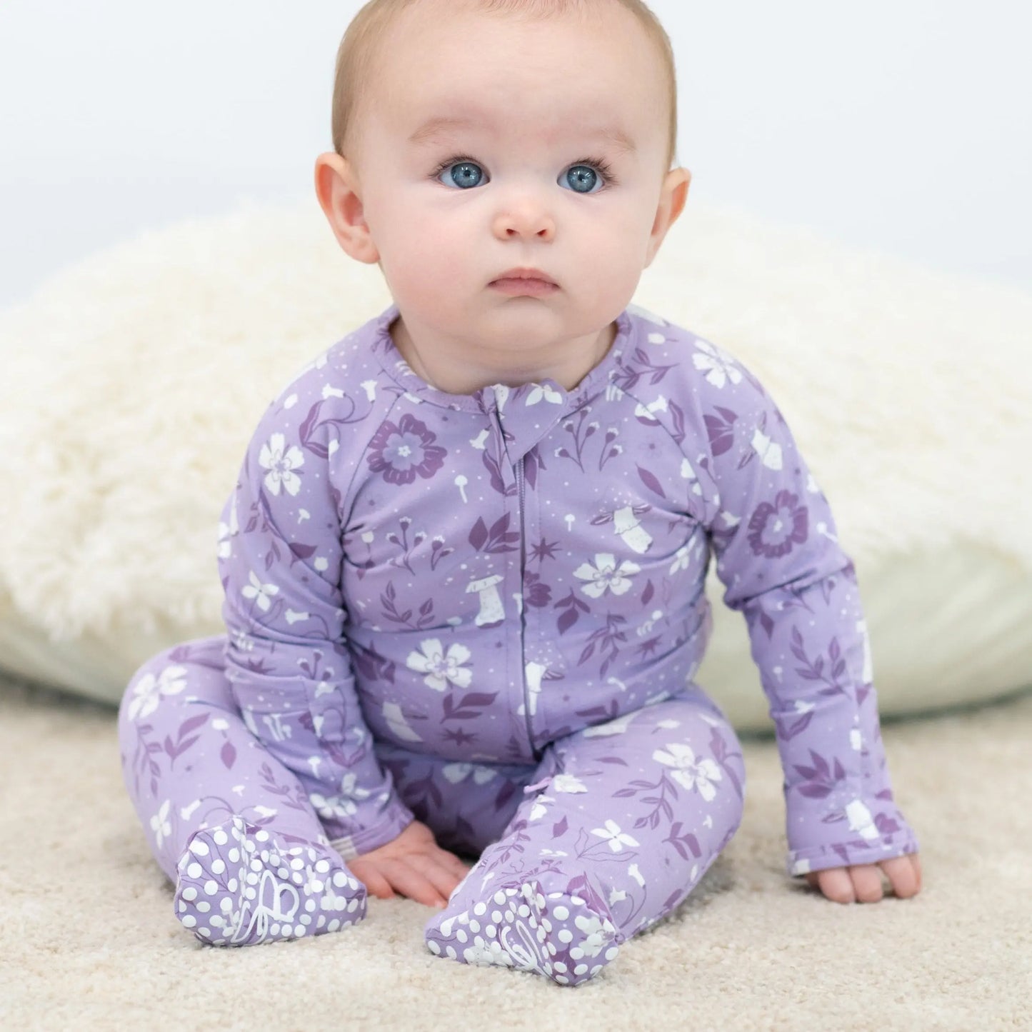 Mushroom Floral Zipper Footie for Babies with Two Way Zip and Fold Over Cuffs Sweet Bamboo