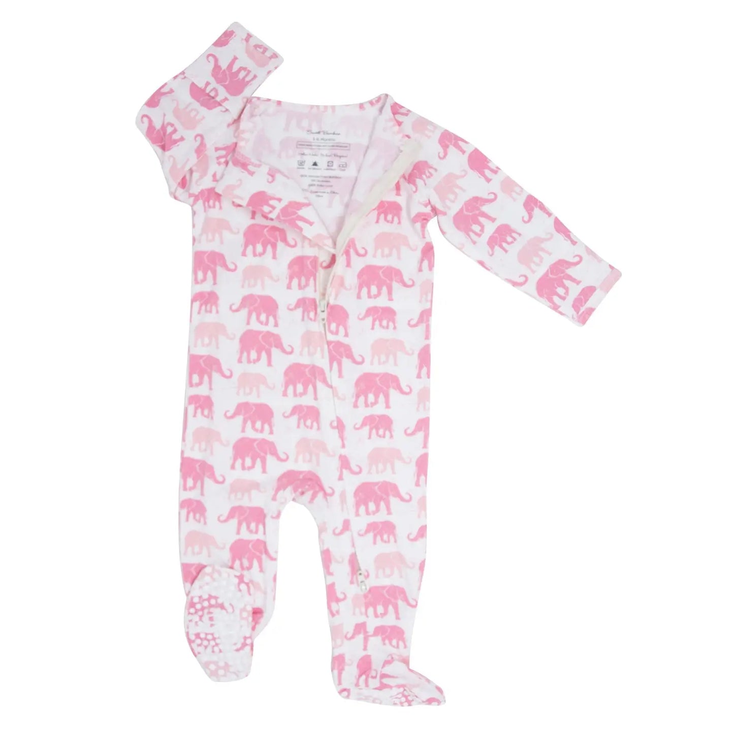 Pink Elephant Zipper Footie for Babies with Two Way Zip and Fold Over Cuffs Sweet Bamboo