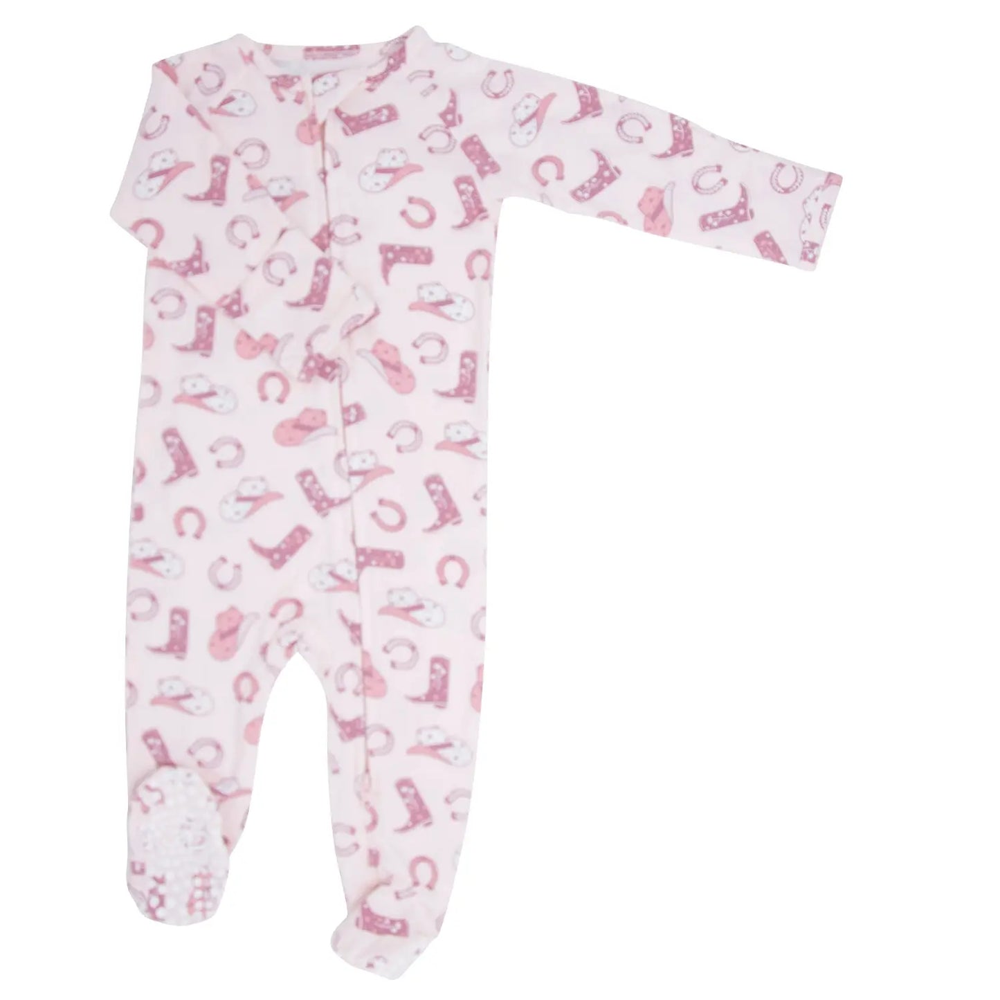 Pink Western Boots Zipper Footie with Silicone Grips and Fold Over Cuffs Sweet Bamboo