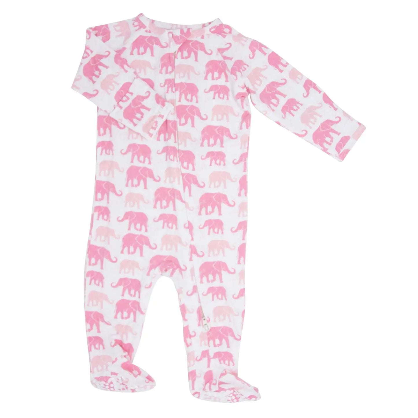 Pink Elephant Zipper Footie for Babies with Two Way Zip and Fold Over Cuffs Sweet Bamboo
