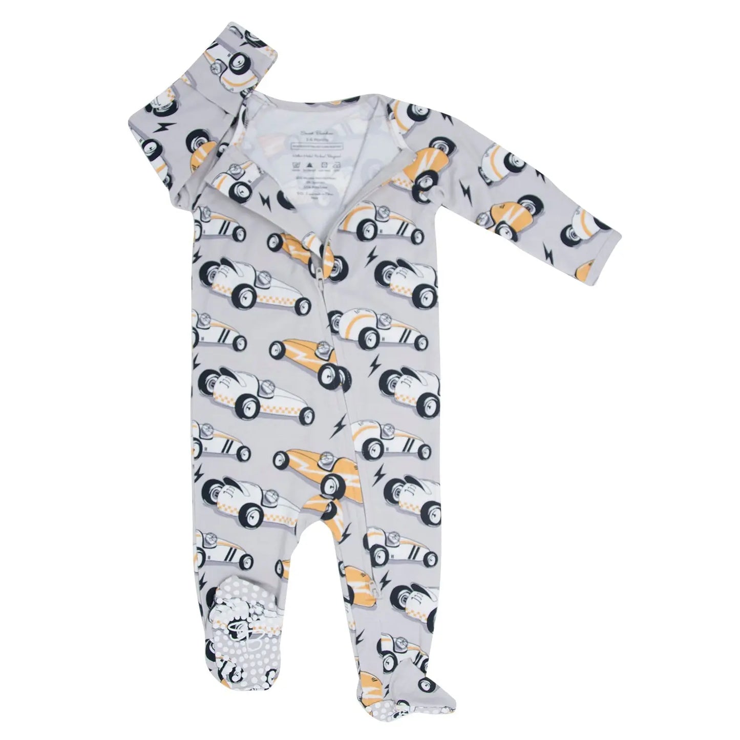 Vintage Racecars Baby Zipper Footie with Silicone Grips and Fold-Over Cuffs Sweet Bamboo