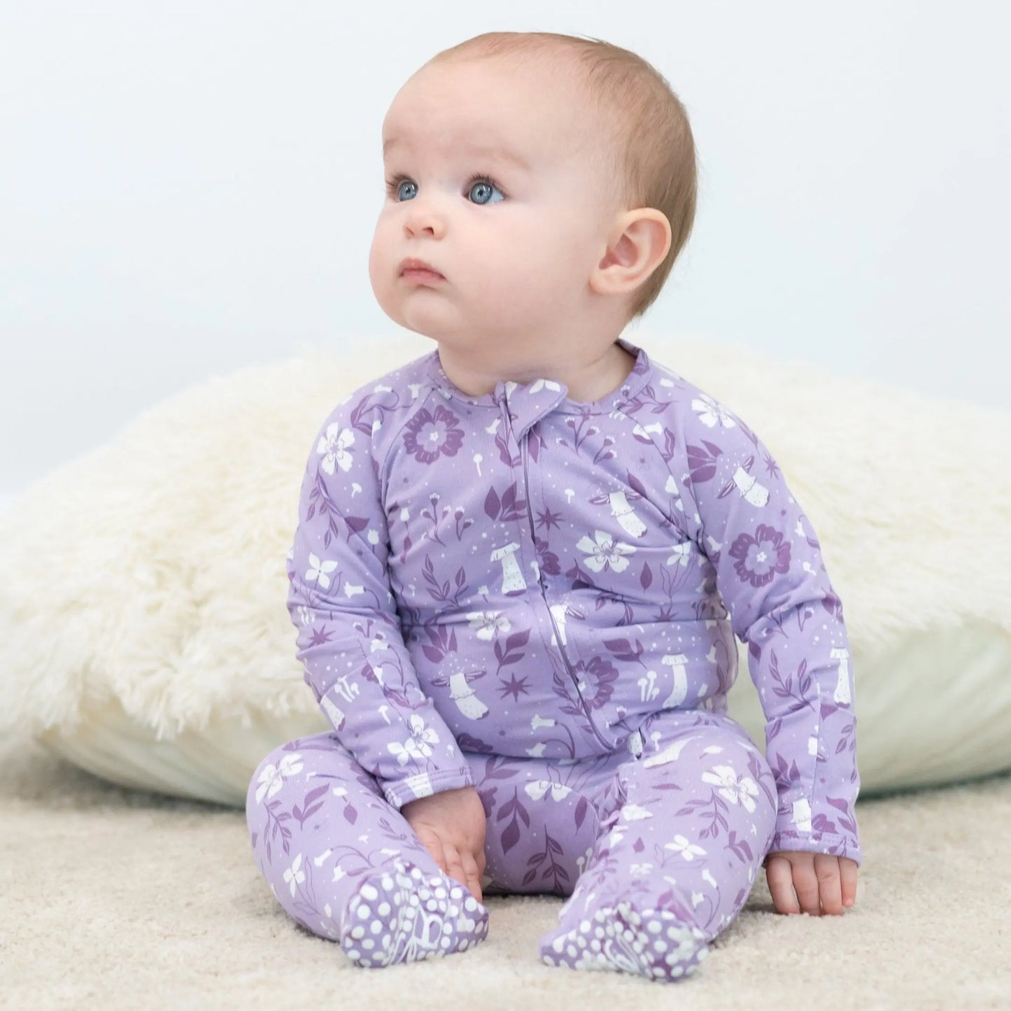 Mushroom Floral Zipper Footie for Babies with Two Way Zip and Fold Over Cuffs Sweet Bamboo