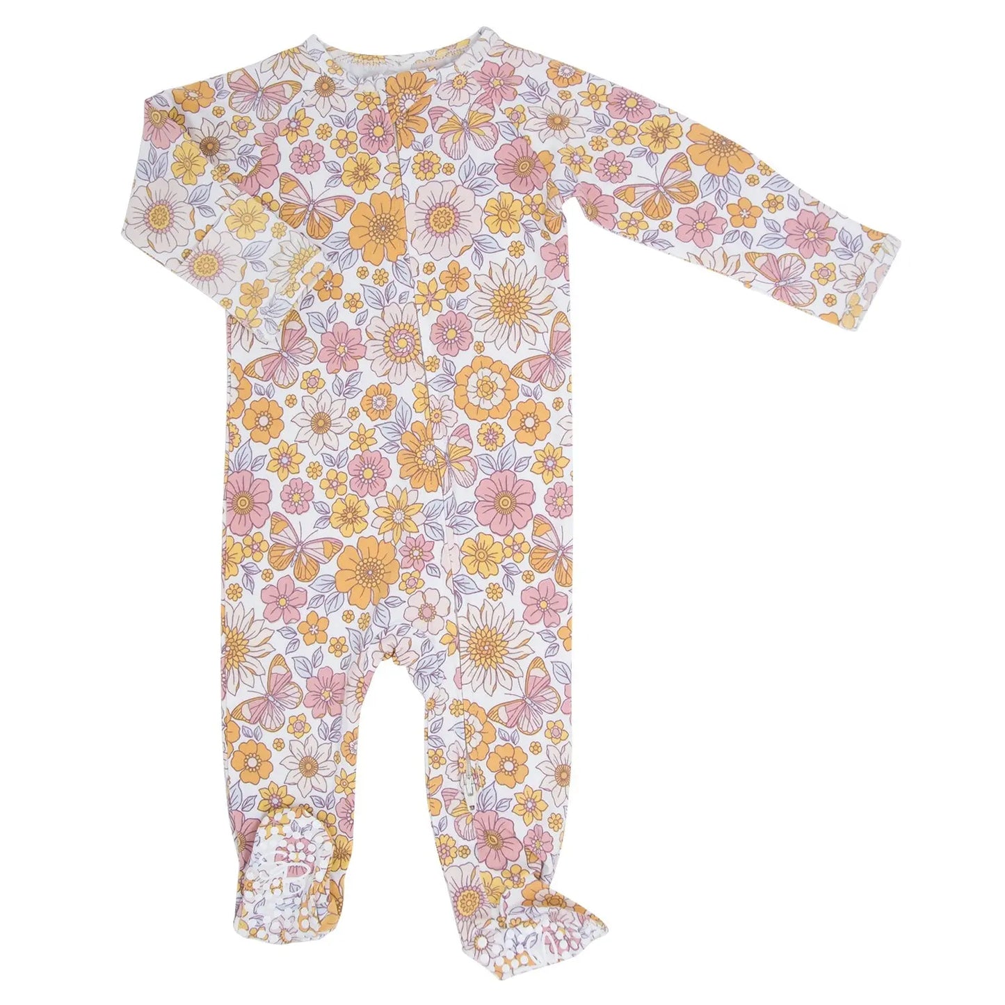 Retro Vintage Flowers Zipper Footie for Babies with Two Way Zip and Silicone Grips Sweet Bamboo