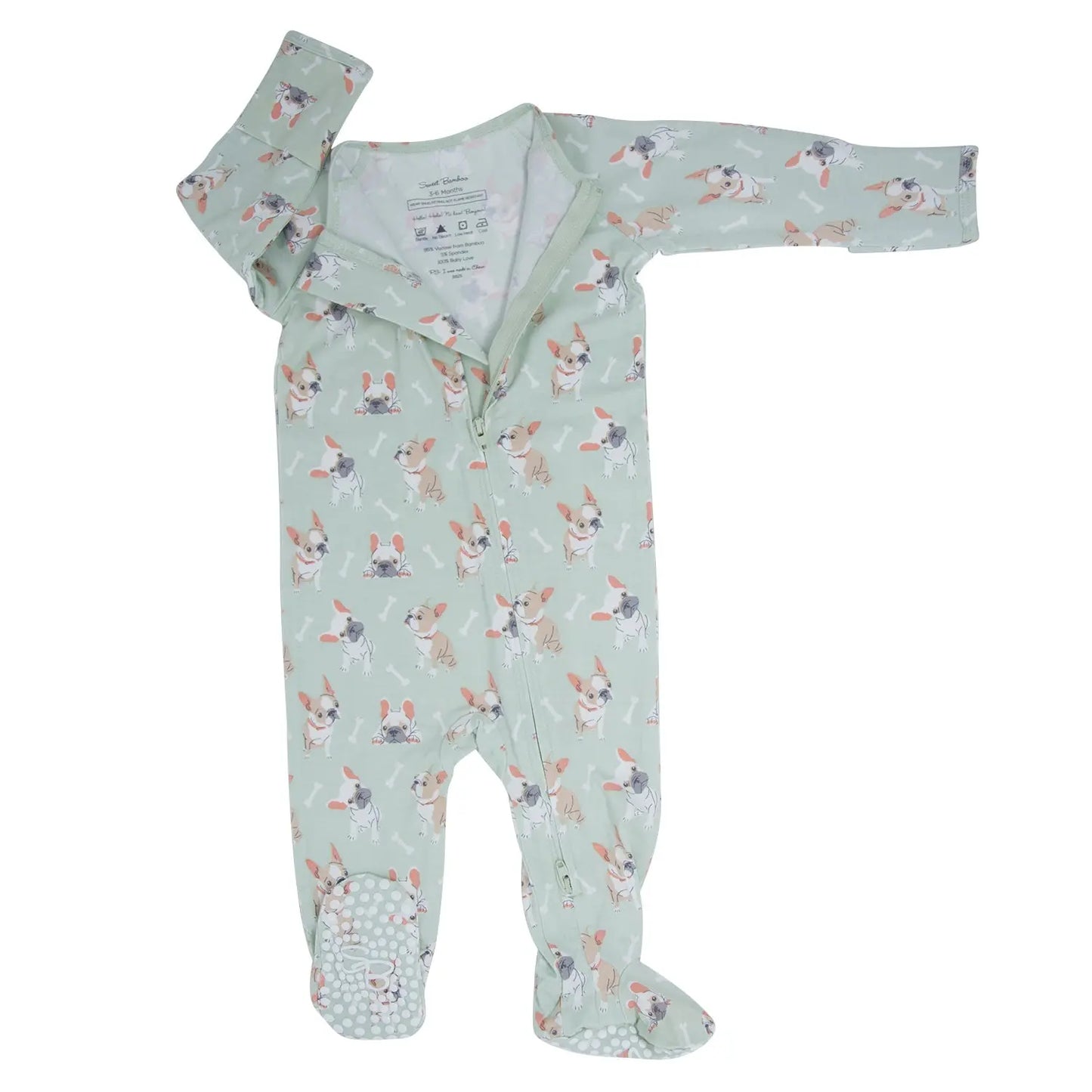 Mint Frenchie Puppy Zipper Footie for Babies with Silicone Grips and Fold Over Cuffs Sweet Bamboo