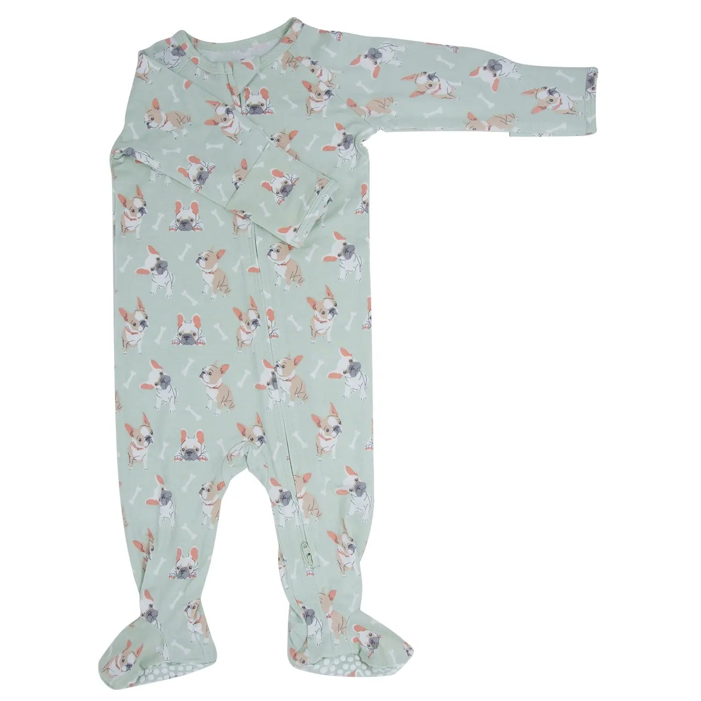 Mint Frenchie Puppy Zipper Footie for Babies with Silicone Grips and Fold Over Cuffs Sweet Bamboo