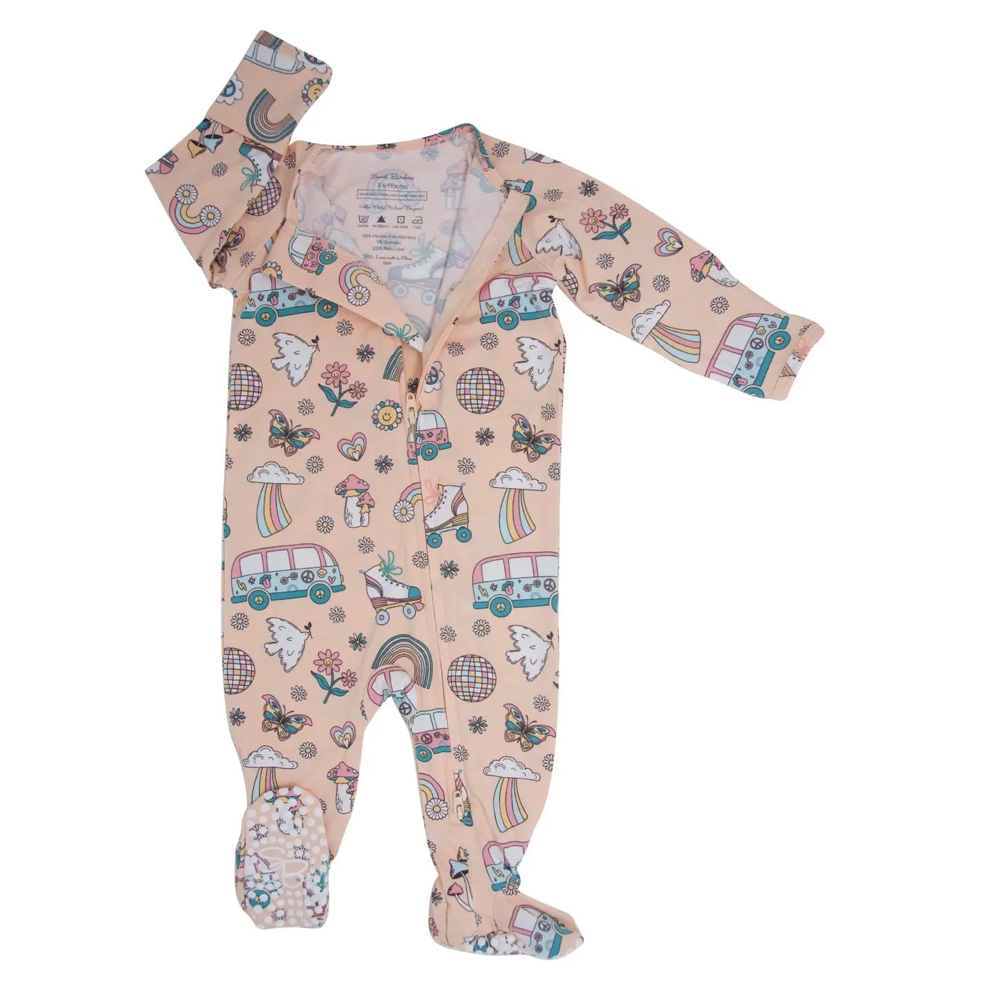 Retro Roller Skates Zipper Footie for Babies with Two Way Zip and Fold Over Cuffs Sweet Bamboo