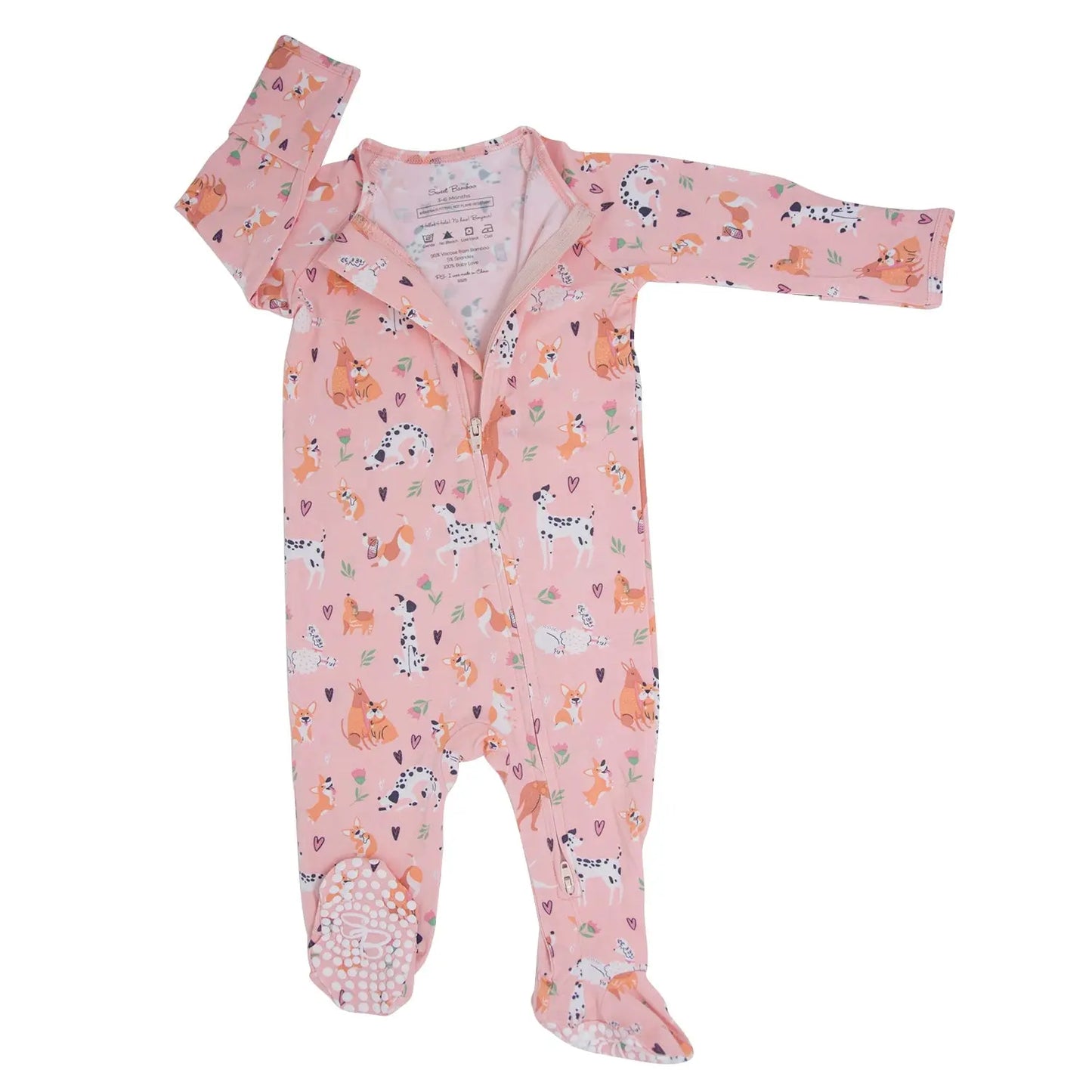 Dalmatian Poodle Puppy Zipper Footie for Babies with Silicone Grips and Fold Over Cuffs Sweet Bamboo