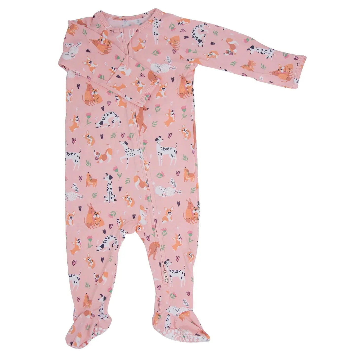 Dalmatian Poodle Puppy Zipper Footie for Babies with Silicone Grips and Fold Over Cuffs Sweet Bamboo