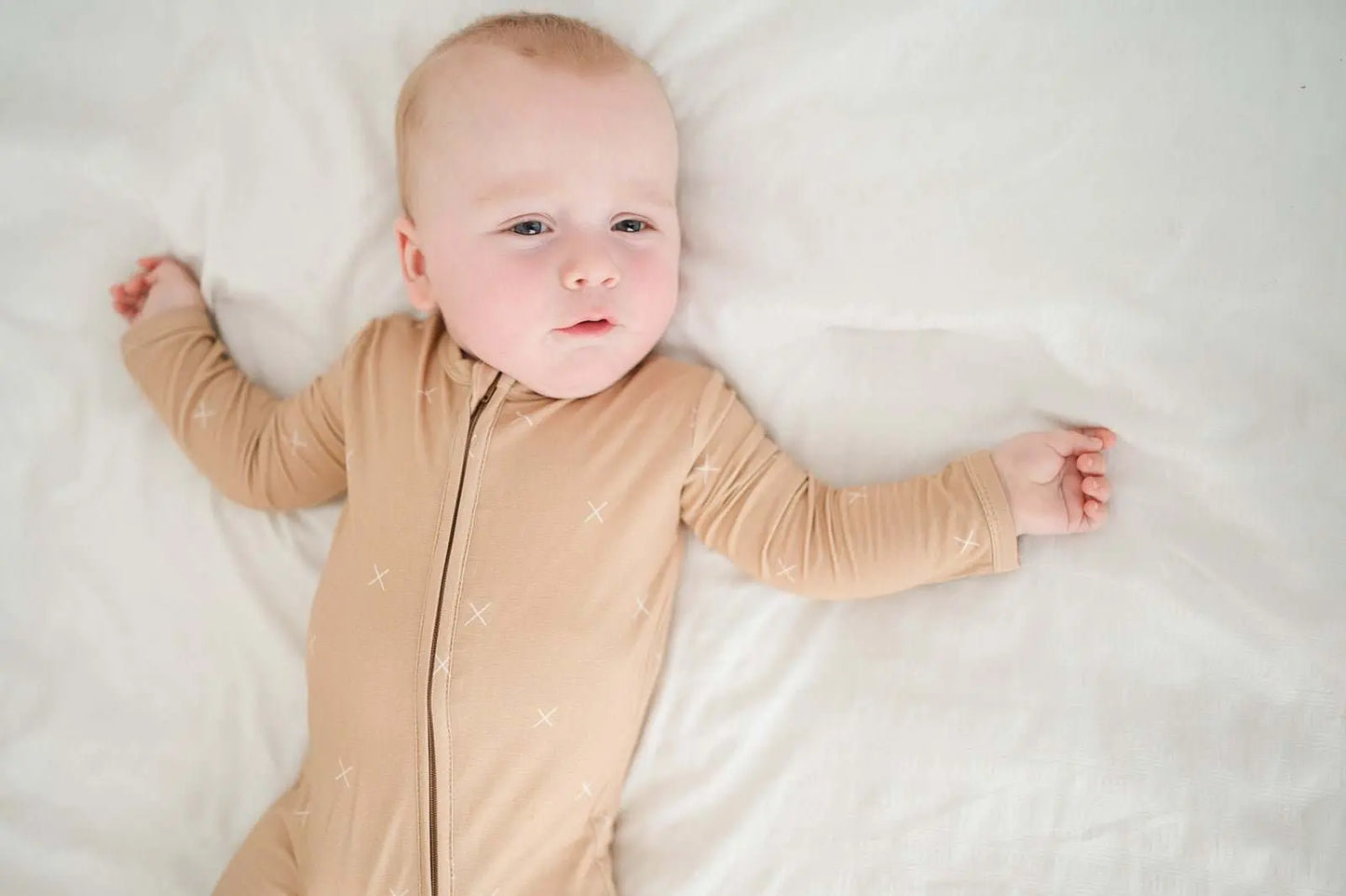Zipper Romper Beige for Baby Made from Soft Bamboo Viscose with Two Way Zipper and Fold Over Cuffs Harp Angel Boutique