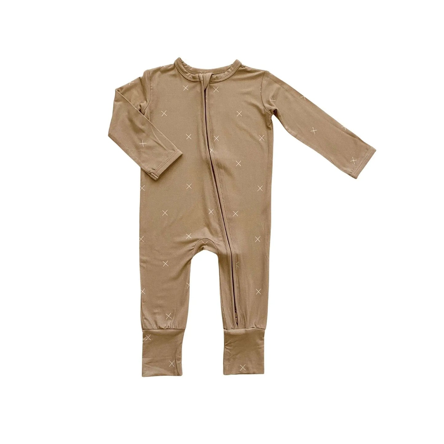 Zipper Romper Beige for Baby Made from Soft Bamboo Viscose with Two Way Zipper and Fold Over Cuffs Harp Angel Boutique