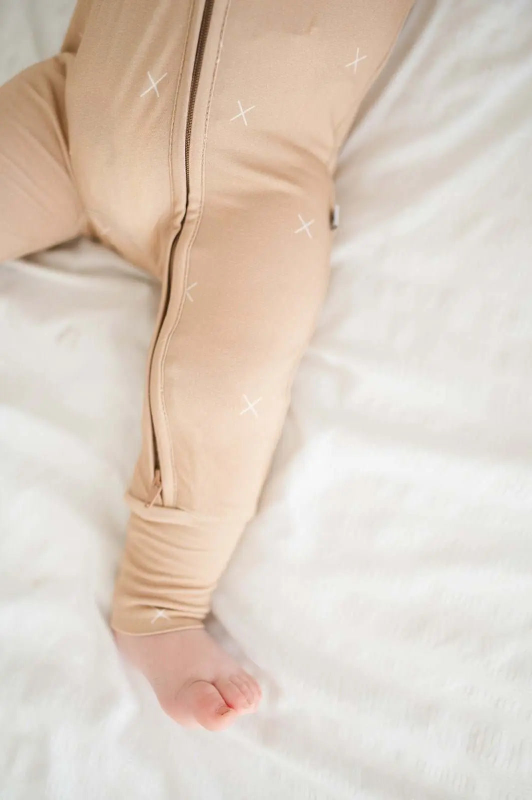 Zipper Romper Beige for Baby Made from Soft Bamboo Viscose with Two Way Zipper and Fold Over Cuffs Harp Angel Boutique