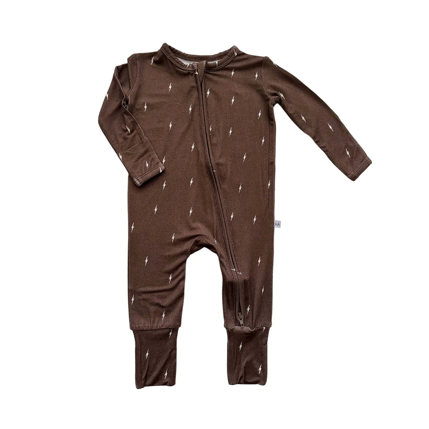 Brown Lightning Bamboo Baby Zipper Romper with Fold Over Feet and Hands Harp Angel Boutique
