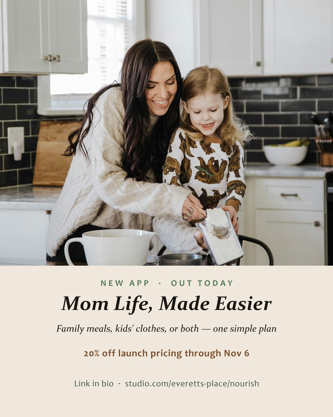 Mom and daughter cooking together, with the Mom Life, Made Easier app announcement