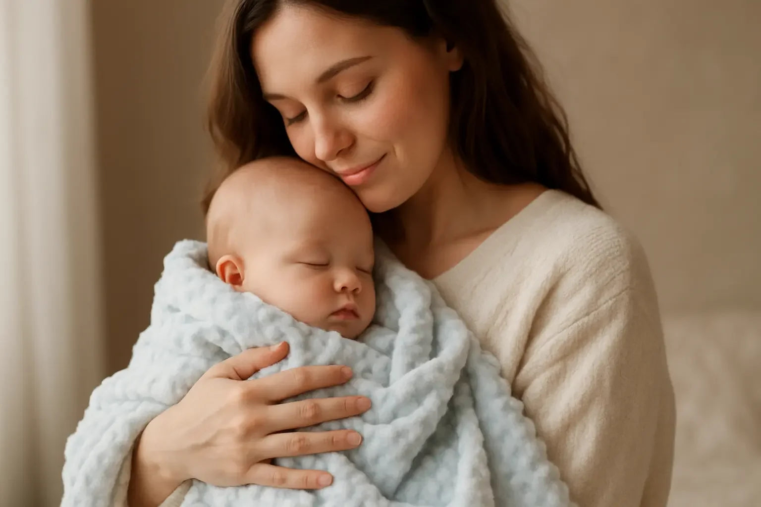 A mother holding her baby wrapped in a soft baby blanket, highlighting the warmth and comfort of baby blankets.