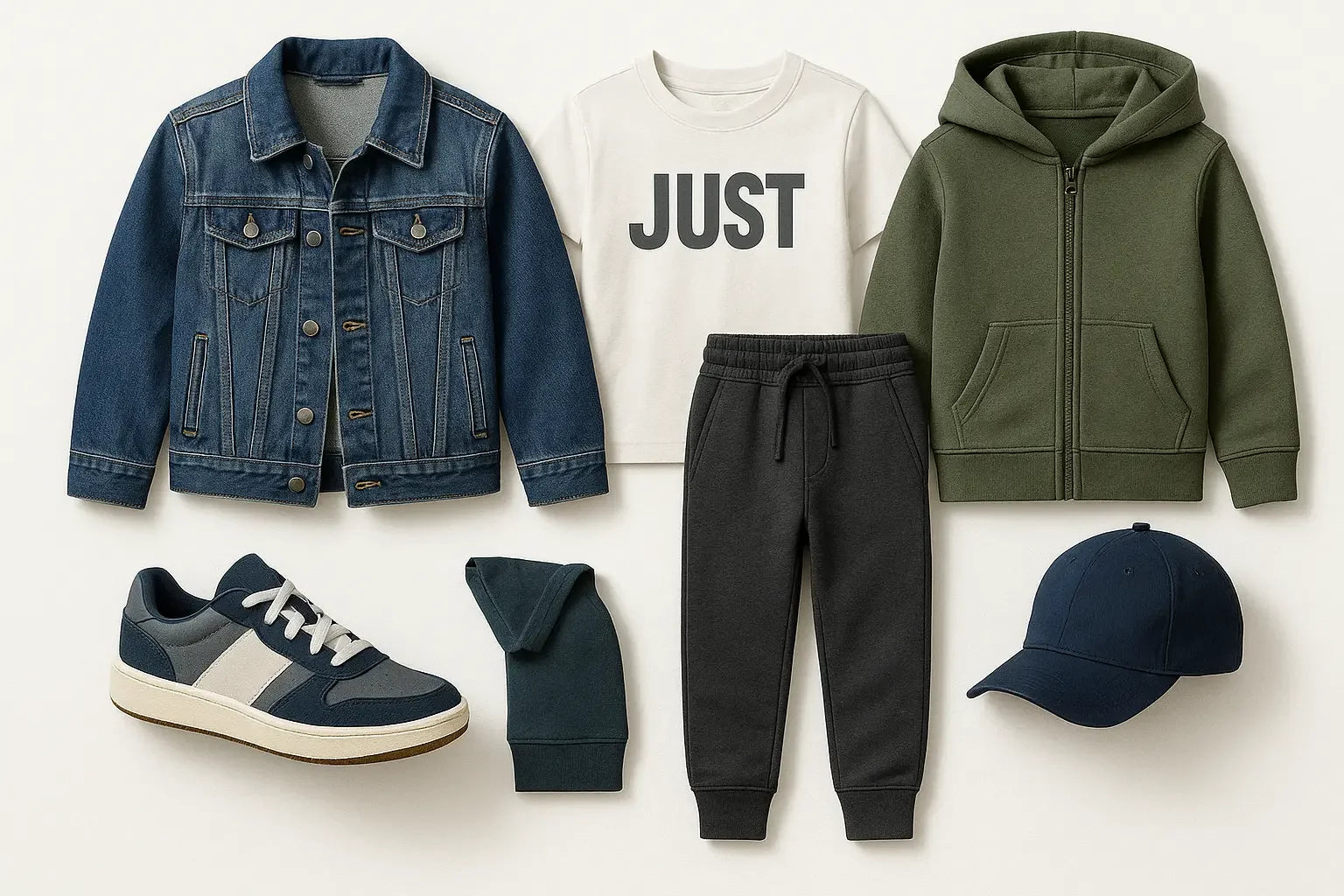 Boys clothing collection featuring denim jacket, graphic tee, hoodie, joggers, cap, and stylish sneakers.