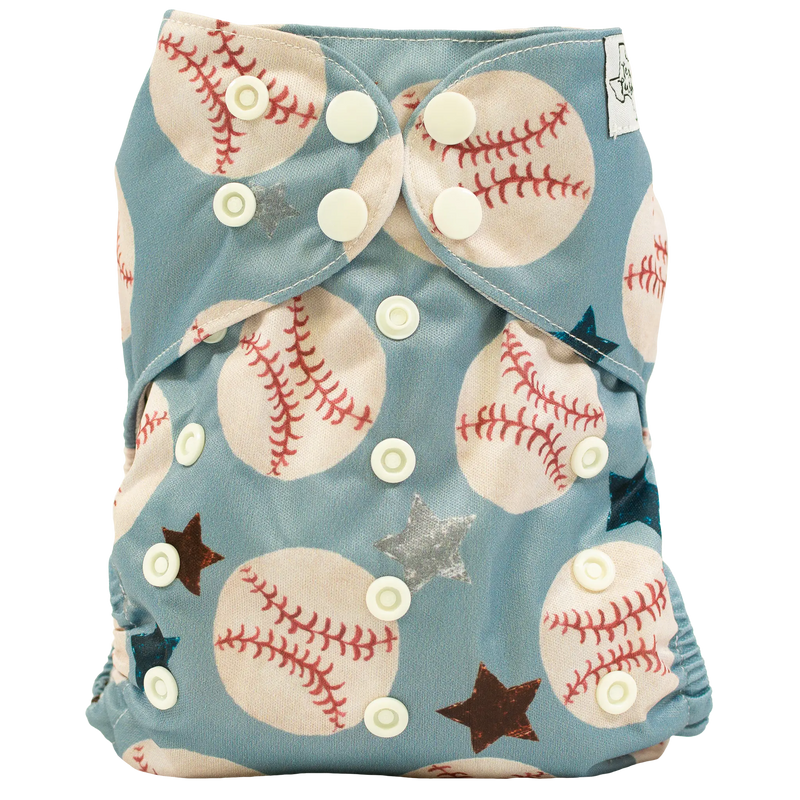 Baseball-themed slim fit pocket cloth diaper with adjustable snaps.