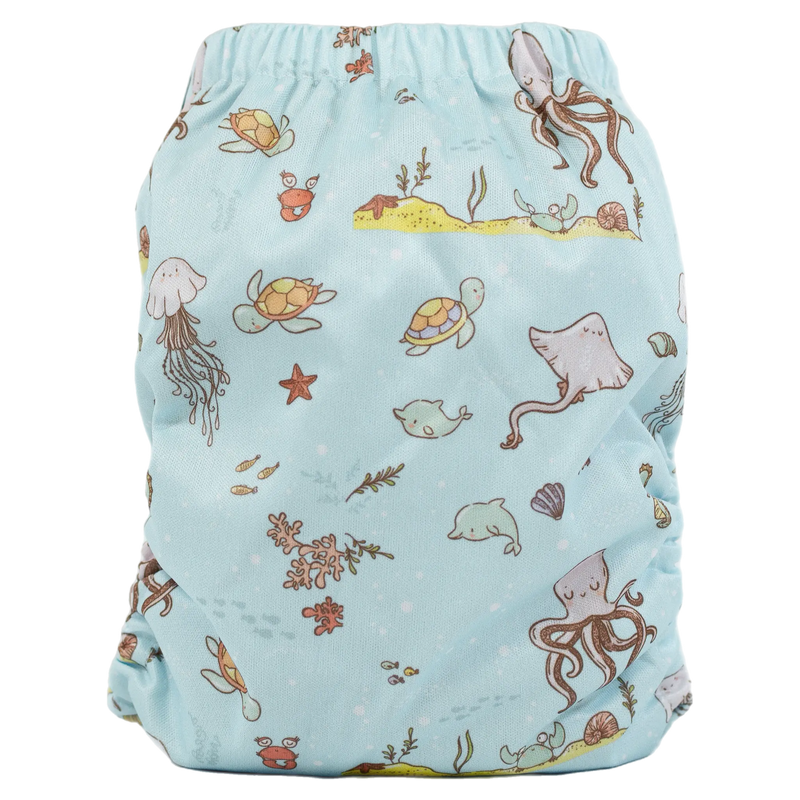 Slim Fit AIO Cloth Diaper with aquatic print design, fits babies 8-40lbs.