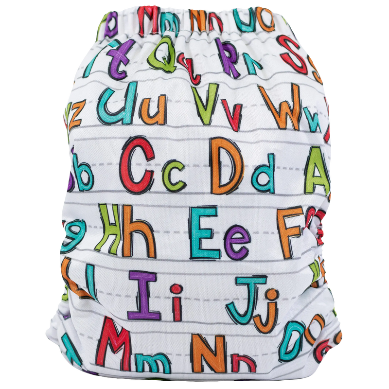 Slim Fit Pocket Cloth Diaper with colorful alphabet print for 8-40lbs babies.