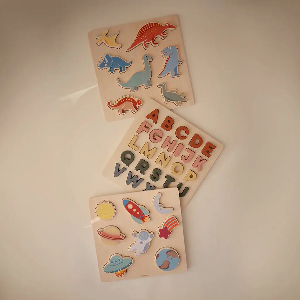 Wooden Dinosaur Puzzle for Kids Educational Toy with Seven Dino Pieces Mushie